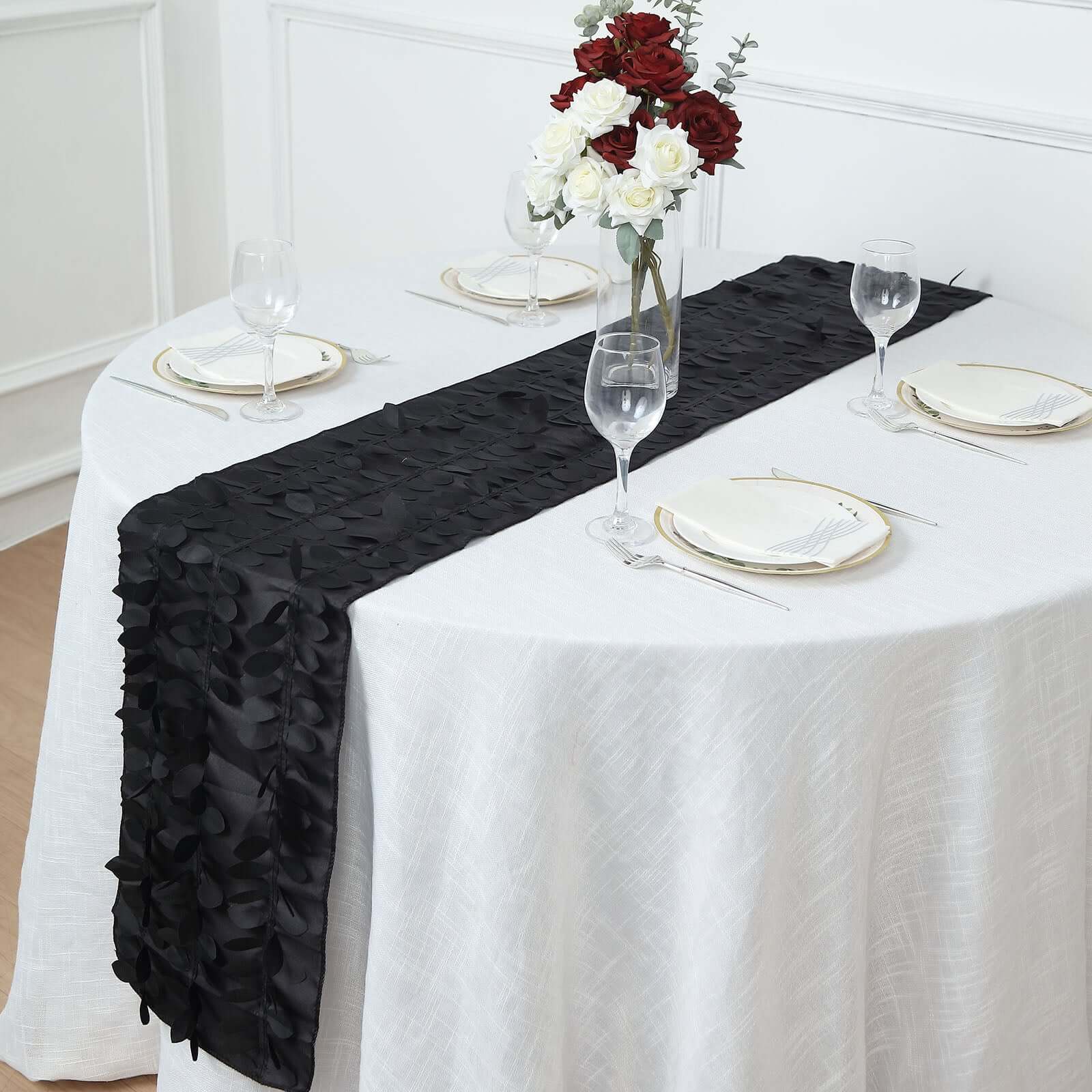 Taffeta Fabric Table Runner 12"x108" Black 3D Leaf Petal - Chic Wedding Decor - Image 11