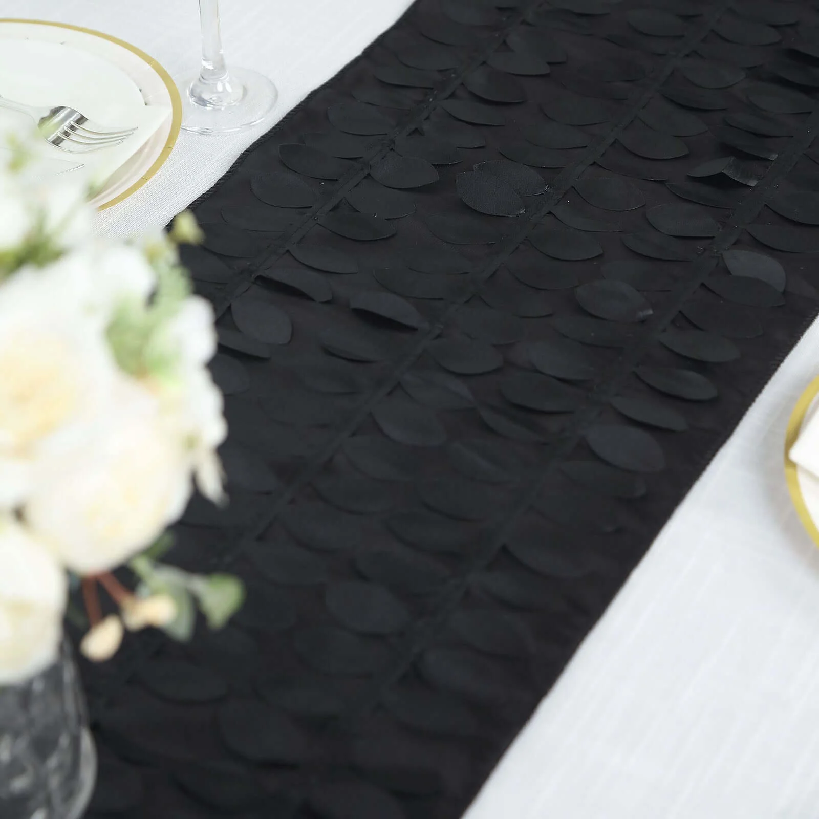 Taffeta Fabric Table Runner 12"x108" Black 3D Leaf Petal - Chic Wedding Decor - Image 8