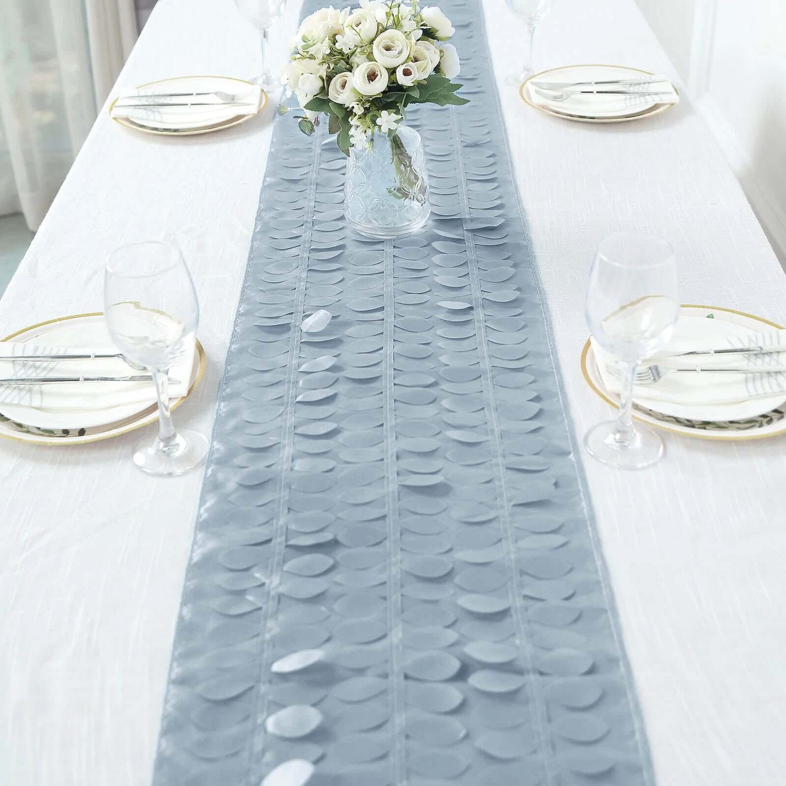 Taffeta Fabric Table Runner 12"x108" Dusty Blue - 3D Leaf Petal Table Decor - Image 9