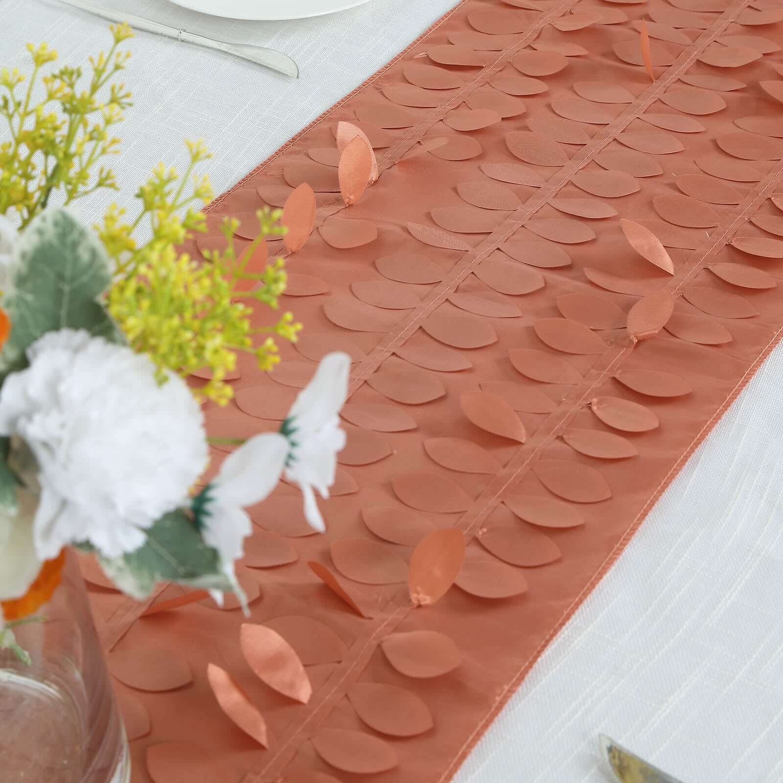 Taffeta Fabric Table Runner 12"x108" Terracotta (Rust) - 3D Leaf Petal Table Decor - Image 2