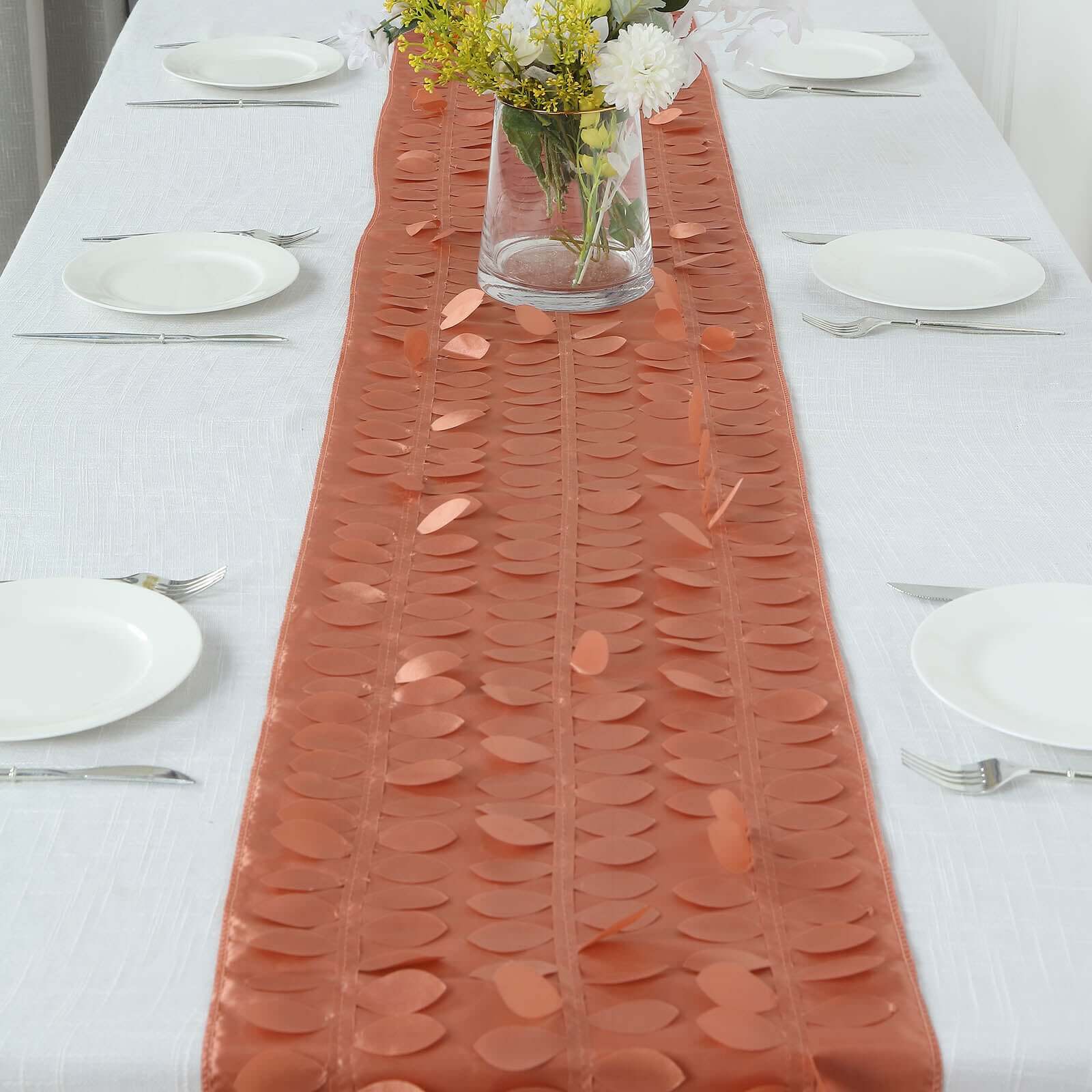 Taffeta Fabric Table Runner 12"x108" Terracotta (Rust) - 3D Leaf Petal Table Decor - Image 9