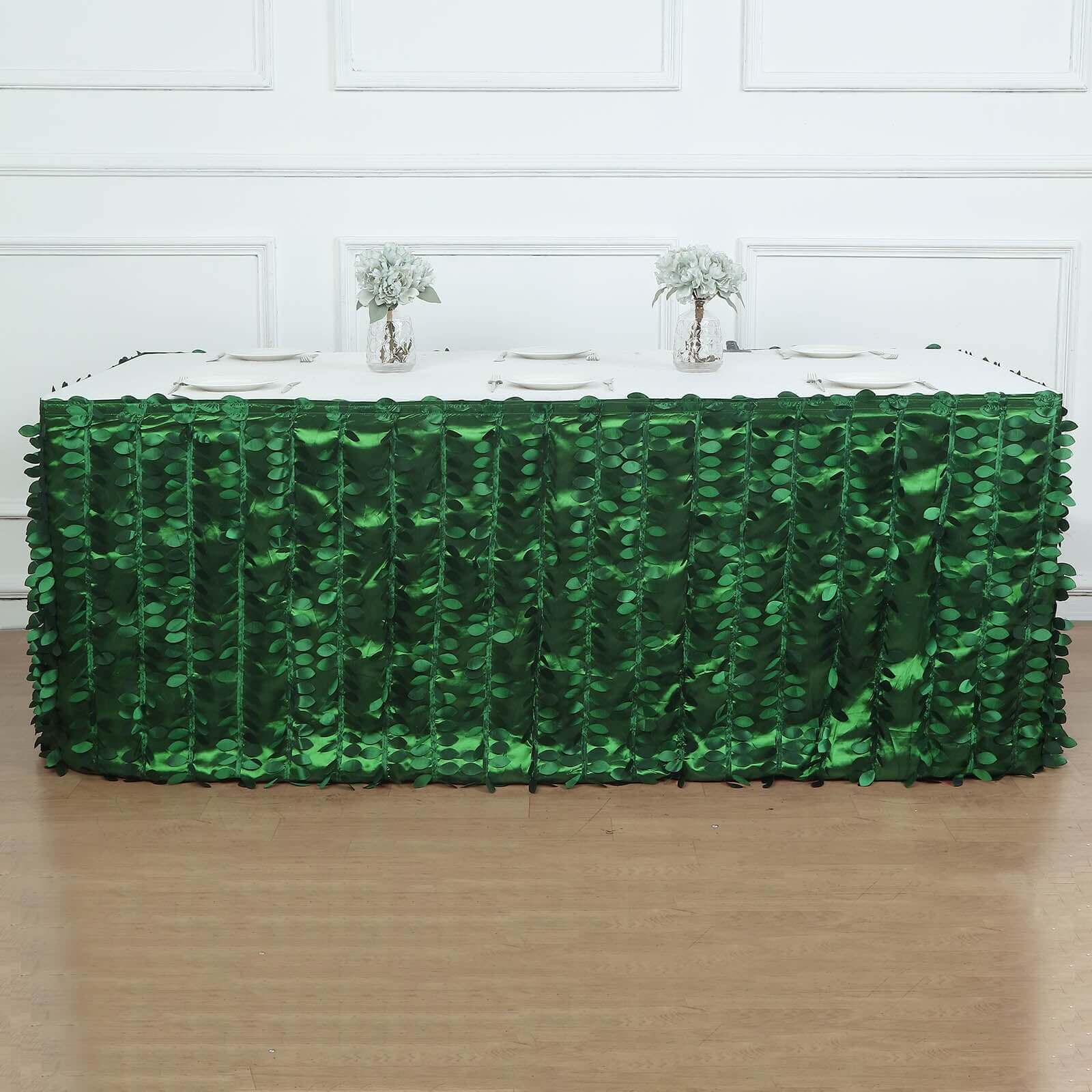 Taffeta Fabric Table Skirt 17ft Green 3D Leaf Petal Design for Exquisite & Stylish Event Table Cover