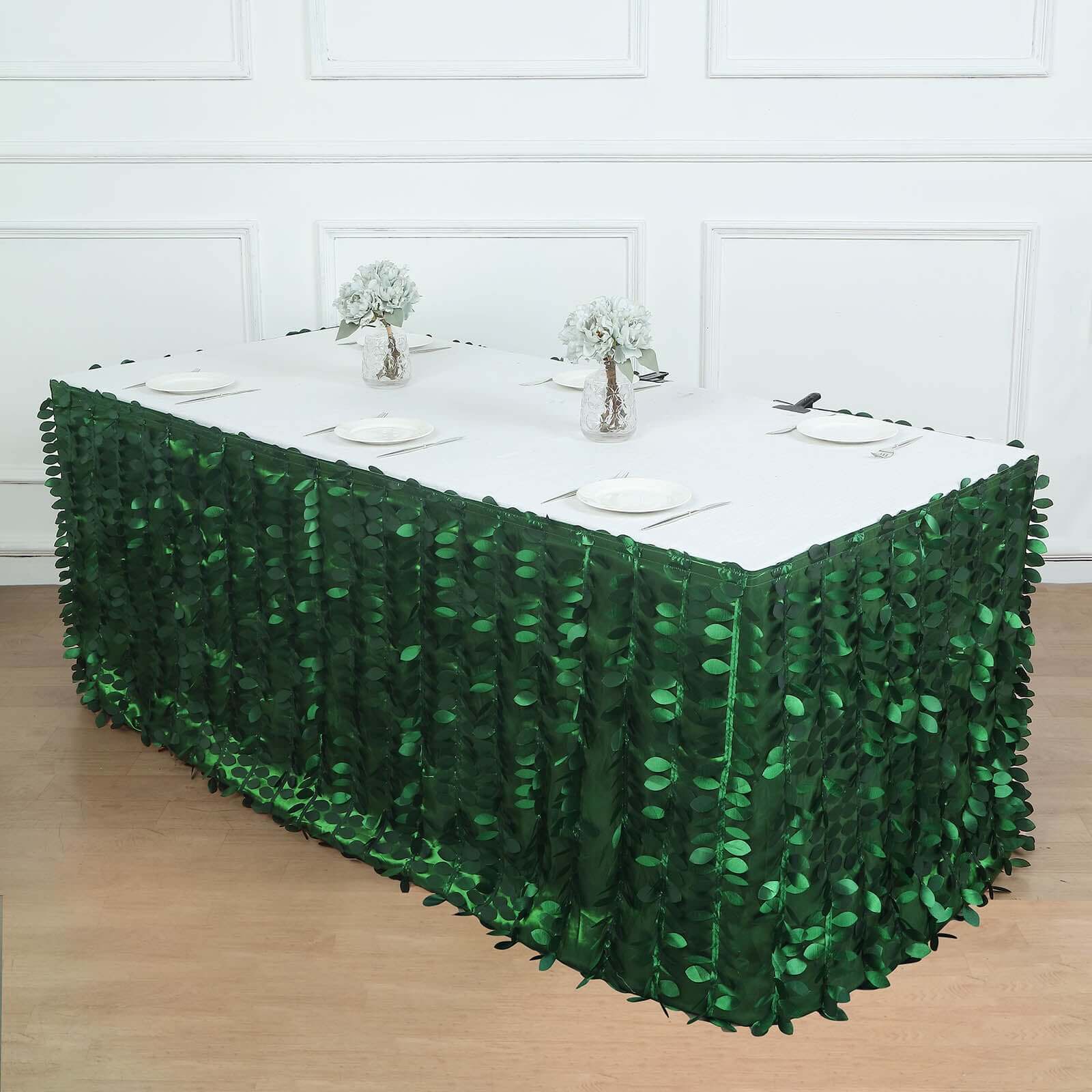 Taffeta Fabric Table Skirt 17ft Green 3D Leaf Petal Design for Exquisite & Stylish Event Table Cover - Image 3