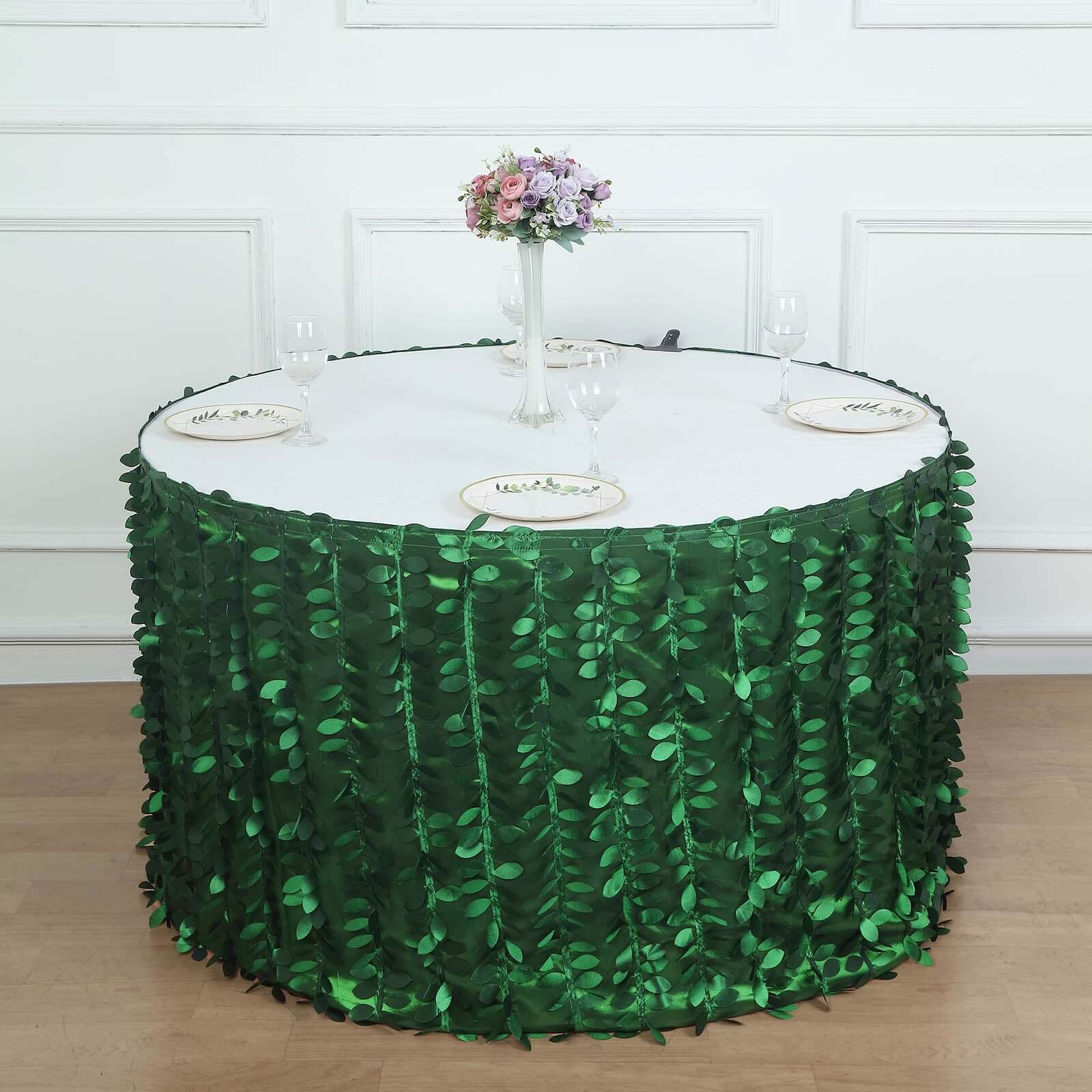 Taffeta Fabric Table Skirt 17ft Green 3D Leaf Petal Design for Exquisite & Stylish Event Table Cover - Image 4