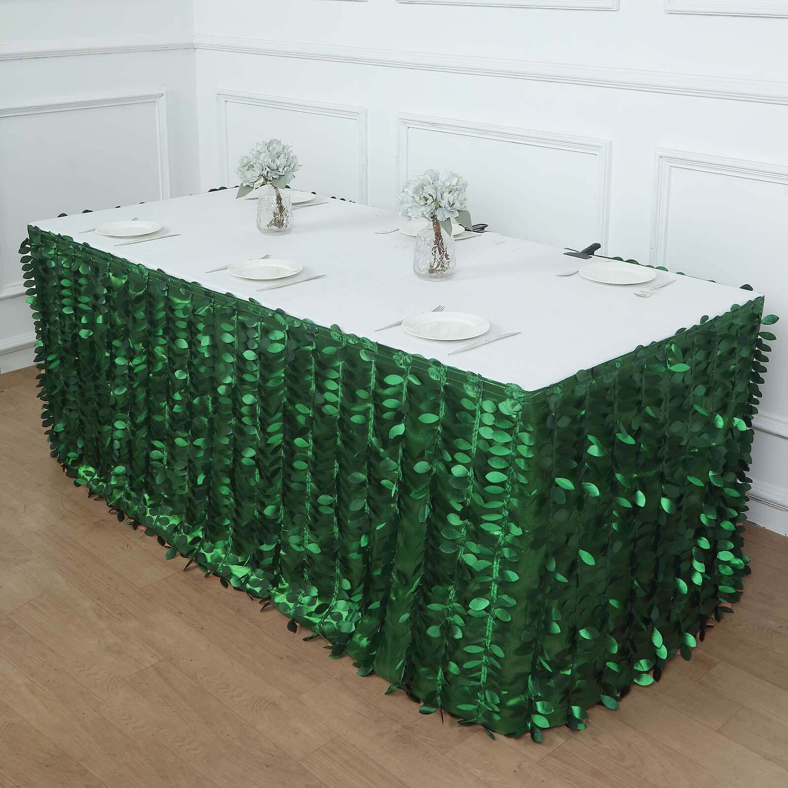 Taffeta Fabric Table Skirt 17ft Green 3D Leaf Petal Design for Exquisite & Stylish Event Table Cover - Image 5