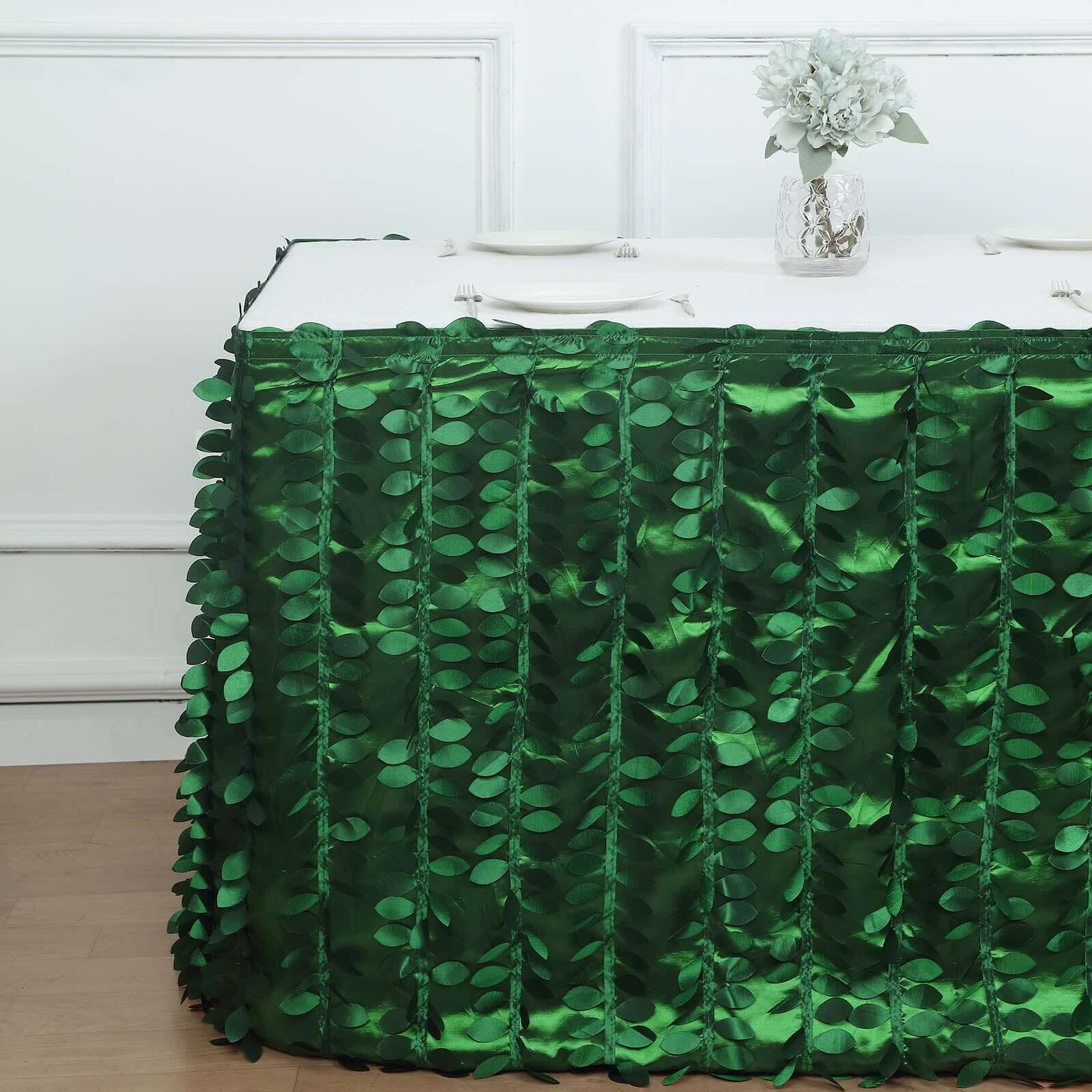 Taffeta Fabric Table Skirt 17ft Green 3D Leaf Petal Design for Exquisite & Stylish Event Table Cover - Image 6