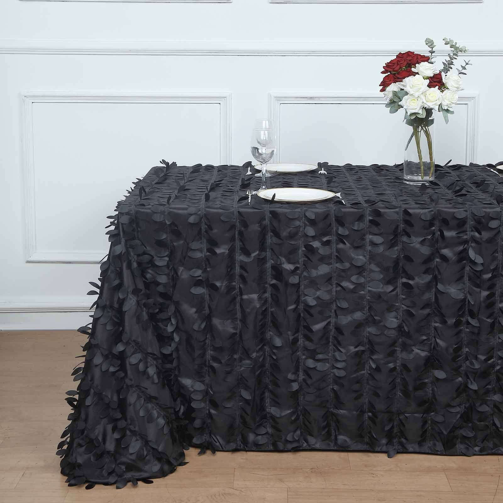 Taffeta Rectangle Tablecloth 90"x132" Black - 3D Leaf Petal Seamless Table Cover for Upscale Table Settings - Image 2