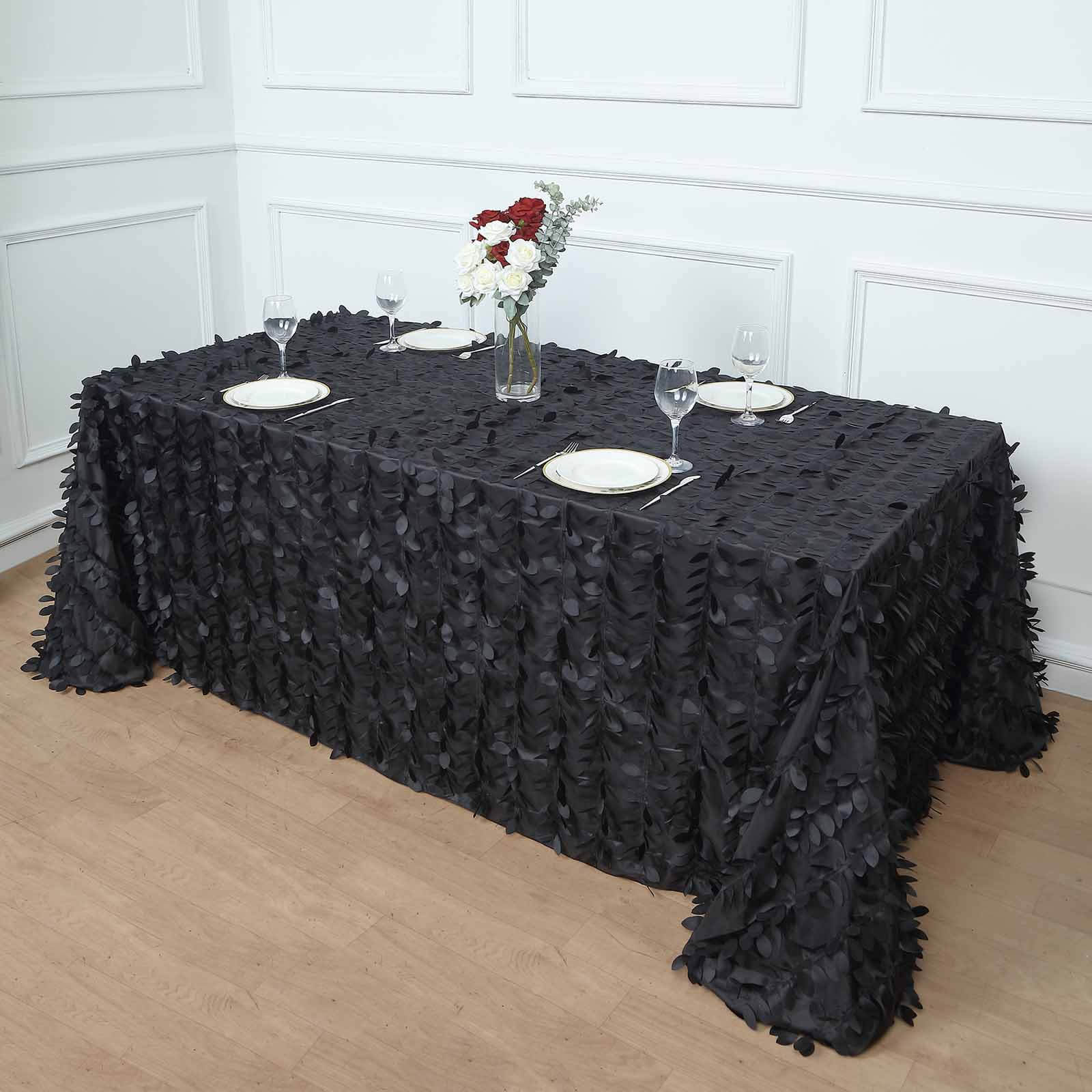 Taffeta Rectangle Tablecloth 90"x132" Black - 3D Leaf Petal Seamless Table Cover for Upscale Table Settings - Image 3