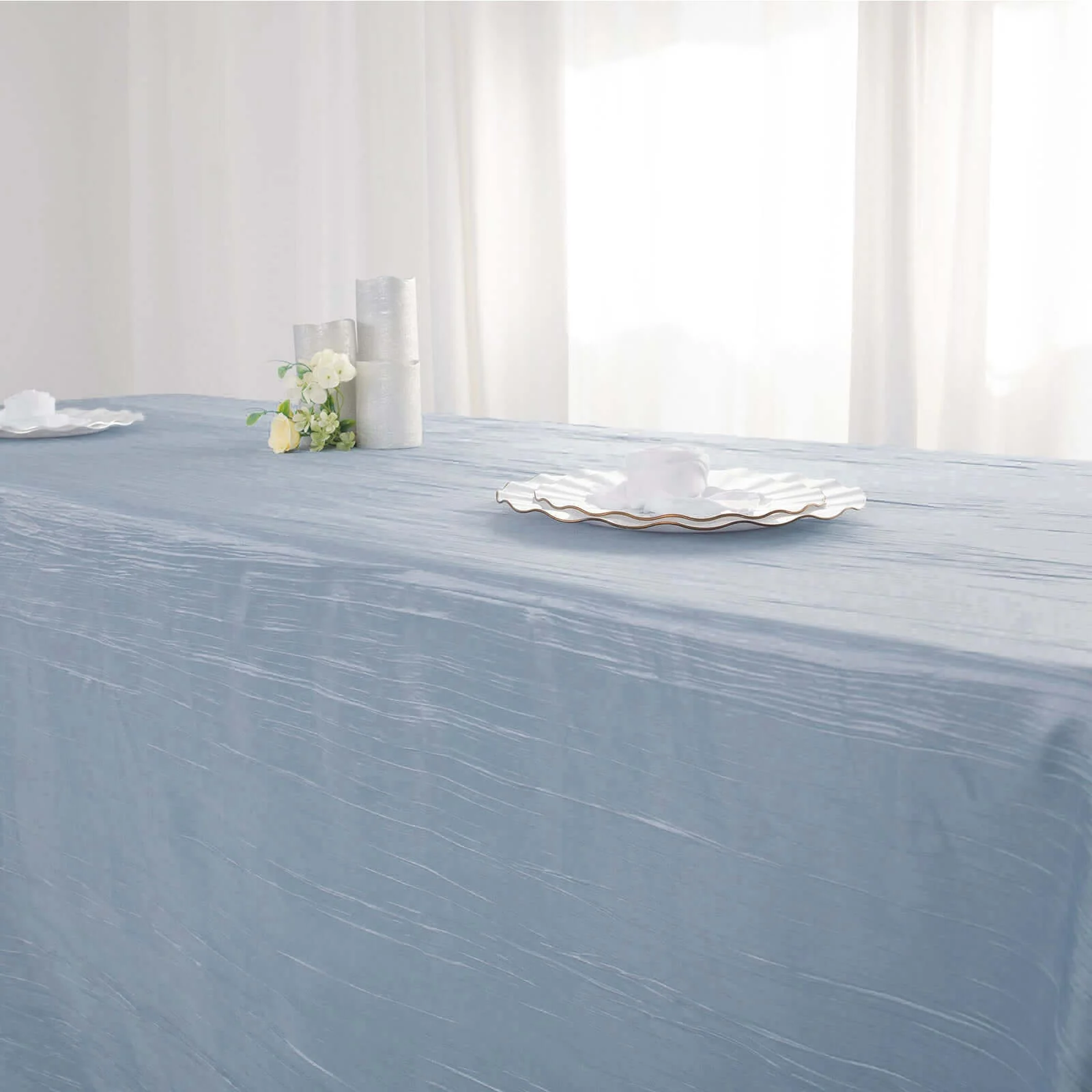Taffeta Rectangle Tablecloth 90"x132" Dusty Blue with Accordion Crinkle Design - Seamless Finish - Image 2
