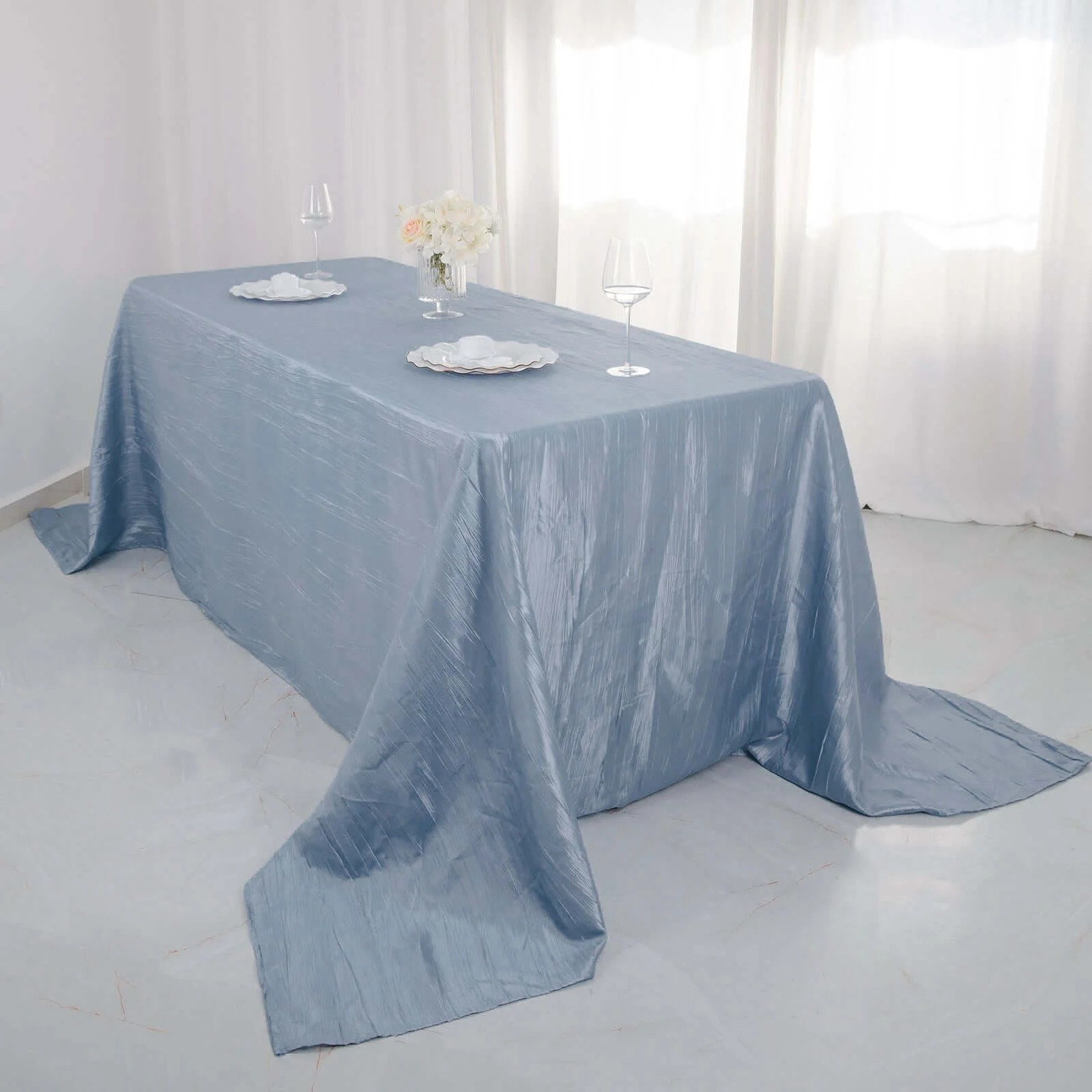 Taffeta Rectangle Tablecloth 90"x132" Dusty Blue with Accordion Crinkle Design - Seamless Finish - Image 3