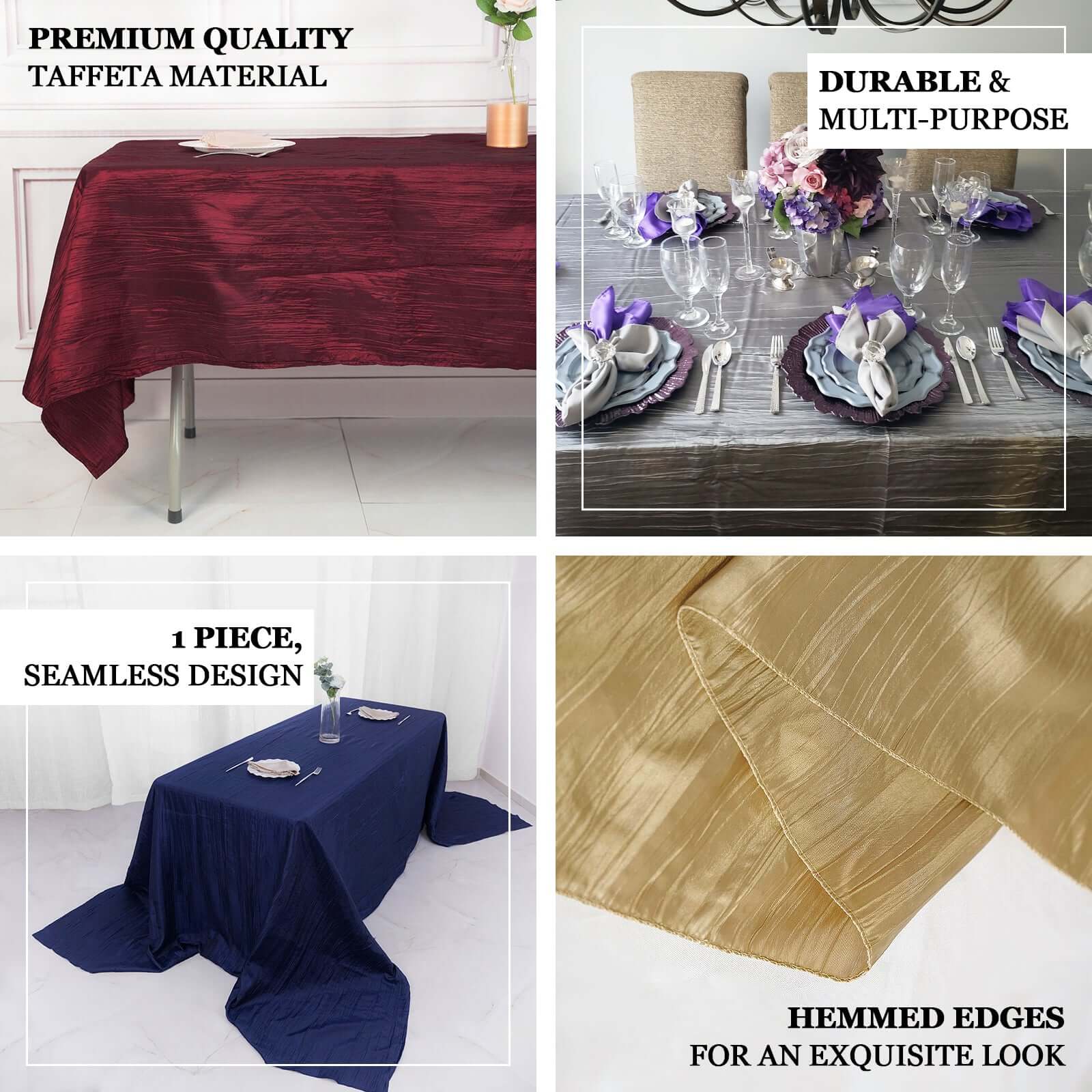Taffeta Rectangle Tablecloth 90"x132" Hunter Emerald Green with Accordion Crinkle Design - Seamless Finish - Image 4