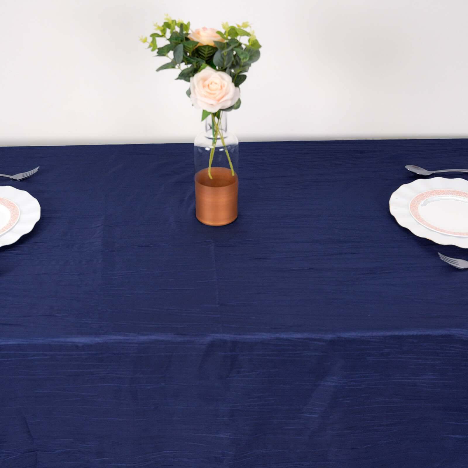 Taffeta Rectangle Tablecloth 90"x132" Navy Blue with Accordion Crinkle Design - Seamless Finish - Image 2
