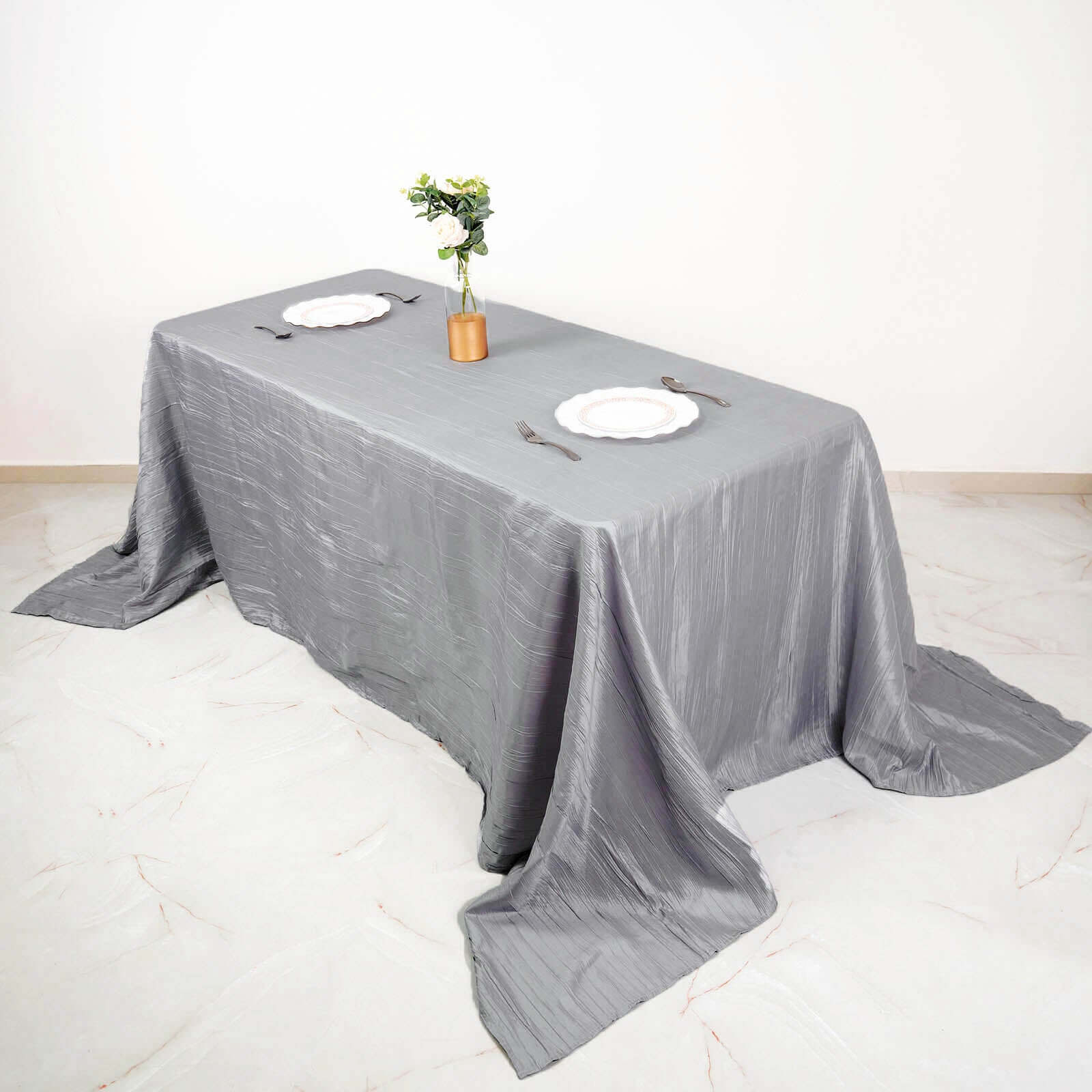 Taffeta Rectangle Tablecloth 90"x132" Silver with Accordion Crinkle Design - Seamless Finish - Image 2