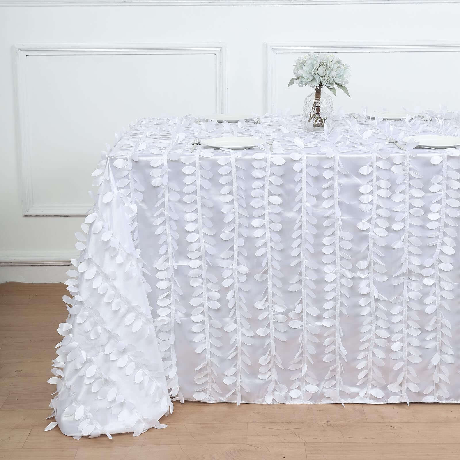 Taffeta Rectangle Tablecloth 90"x132" White - 3D Leaf Petal Seamless Table Cover for Upscale Table Settings - Image 2