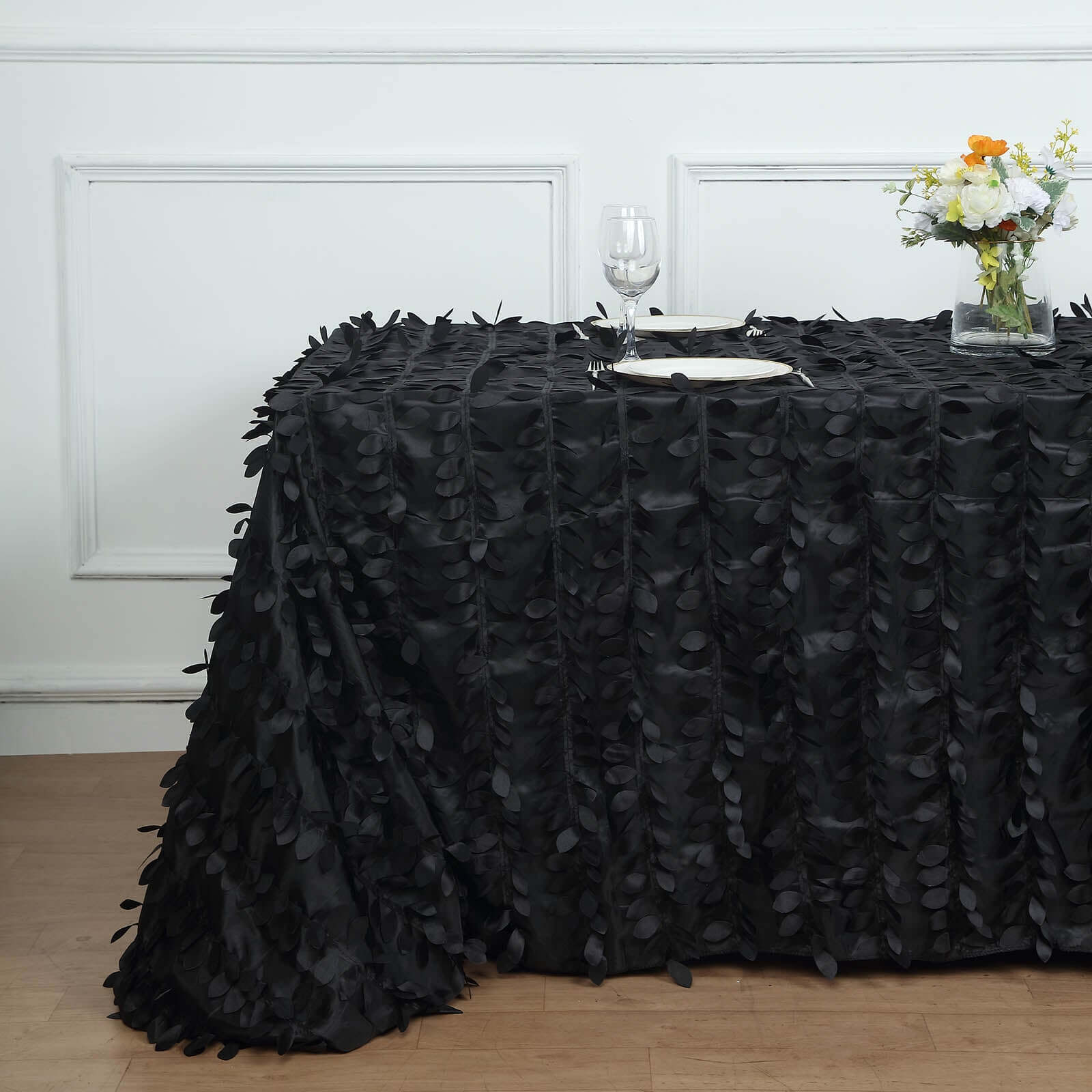 Taffeta Rectangle Tablecloth 90"x156" Black - 3D Leaf Petal Seamless Table Cover for Upscale Table Settings - Image 2