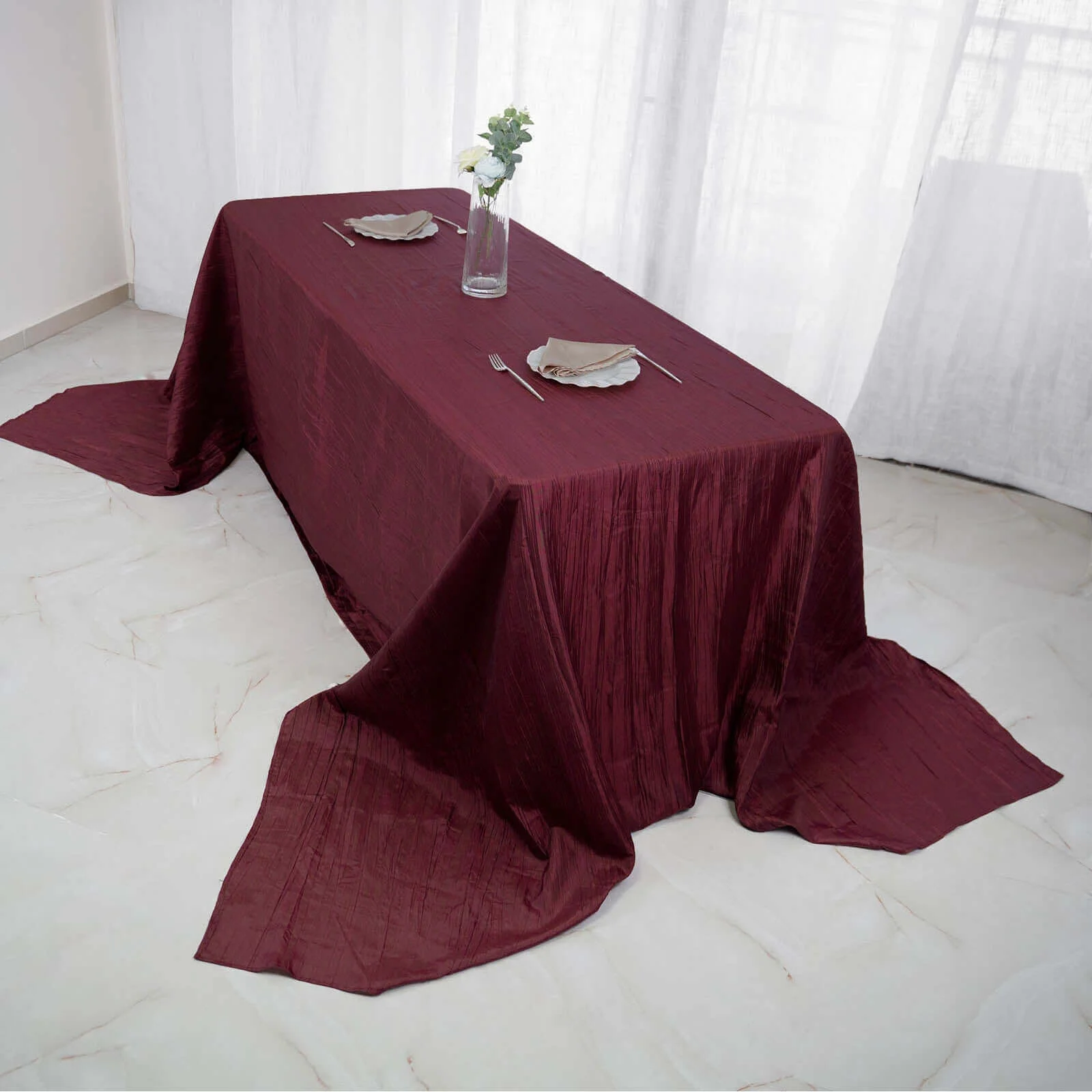 Taffeta Rectangle Tablecloth 90"x156" Burgundy with Accordion Crinkle Design - Seamless Finish - Image 3