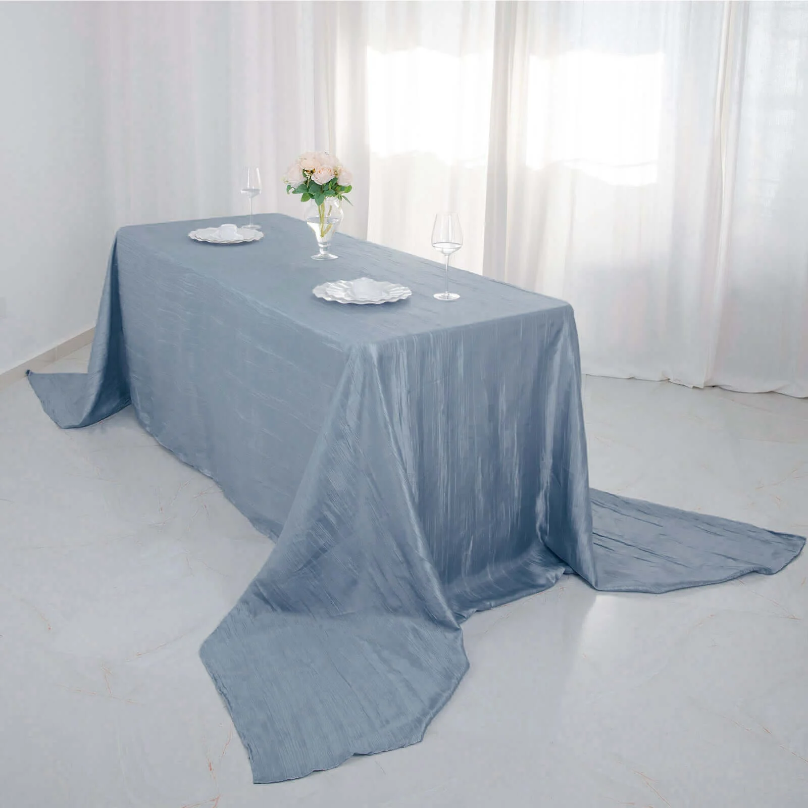 Taffeta Rectangle Tablecloth 90"x156" Dusty Blue with Accordion Crinkle Design - Seamless Finish - Image 3