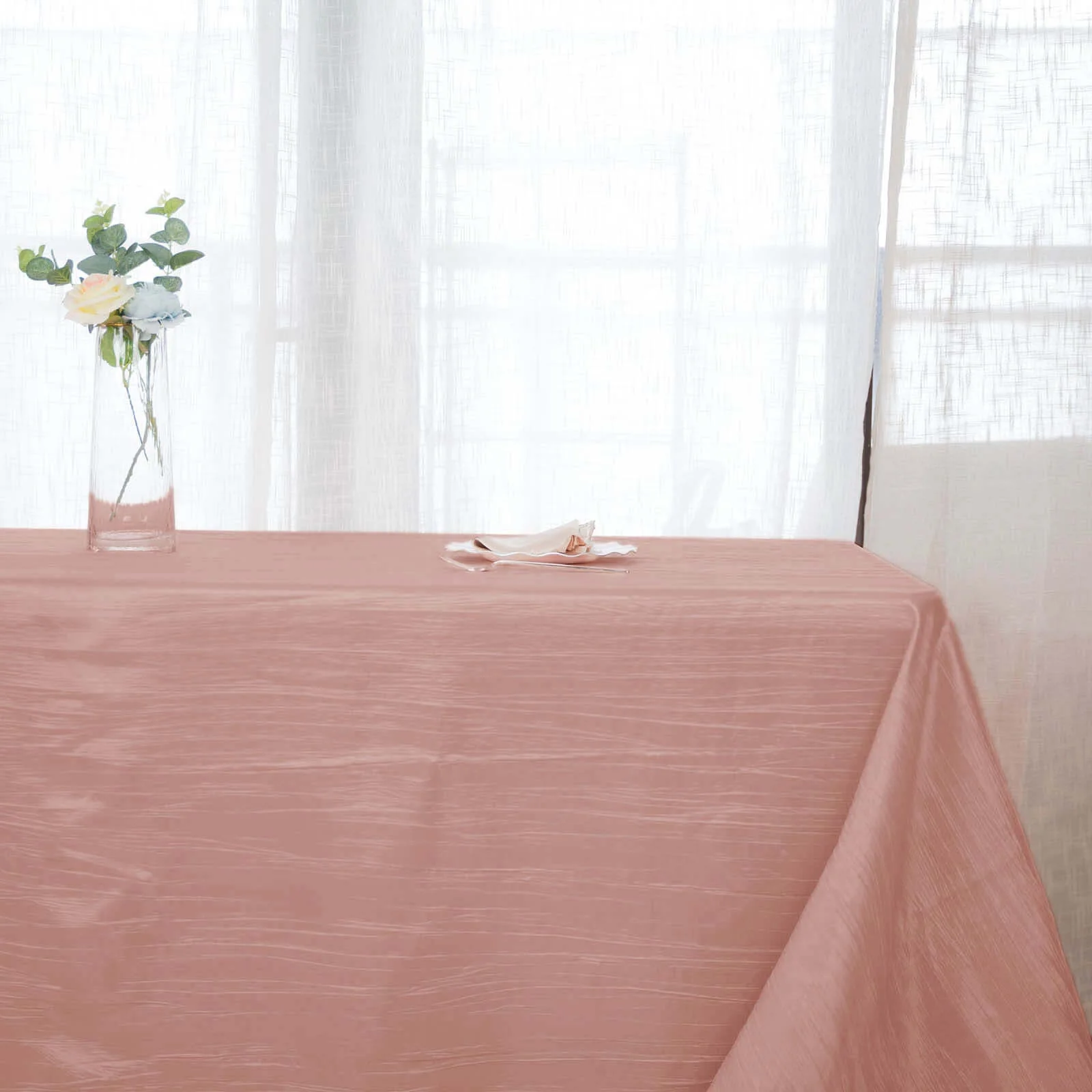 Taffeta Rectangle Tablecloth 90"x156" Dusty Rose with Accordion Crinkle Design - Seamless Finish - Image 7