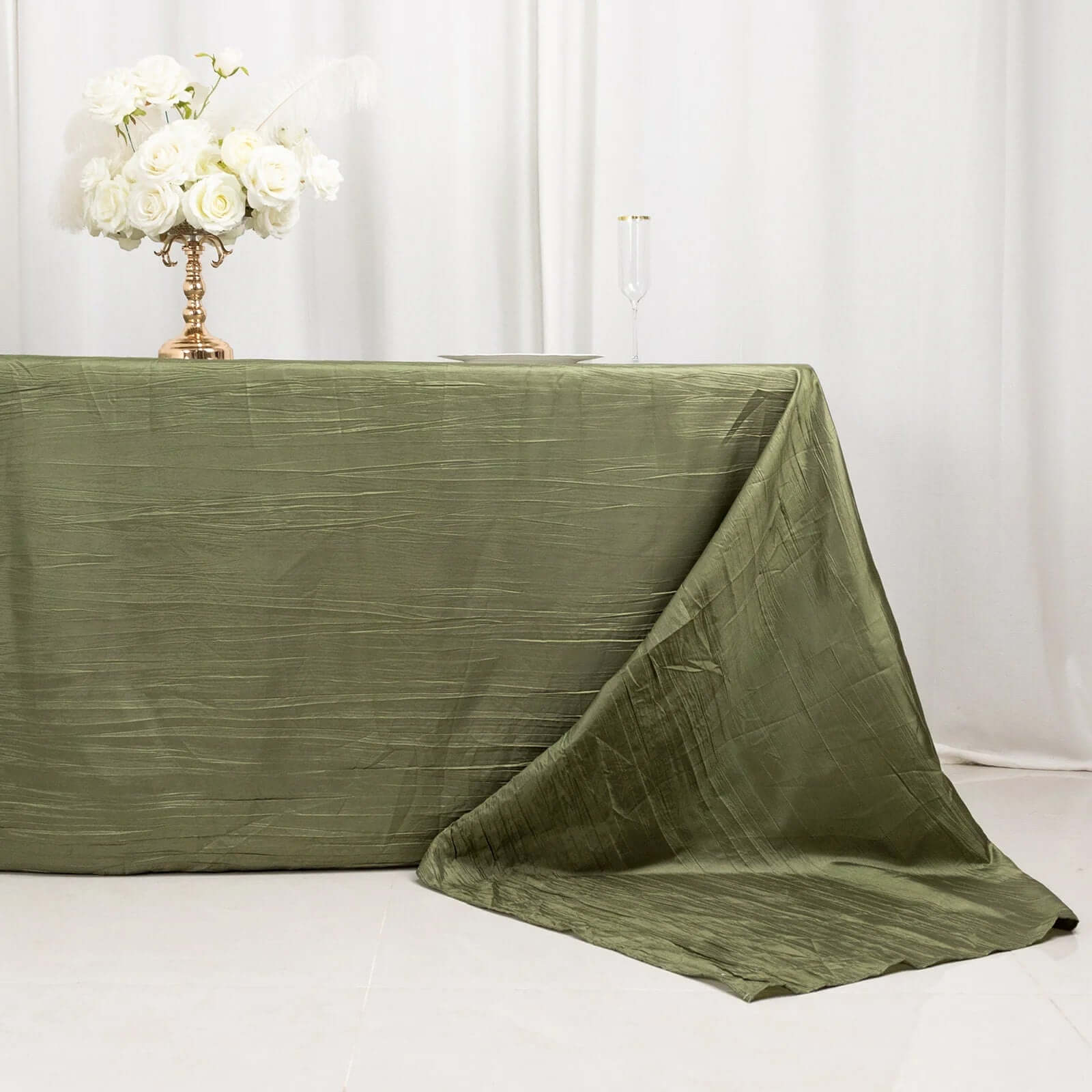 Taffeta Rectangle Tablecloth 90"x156" Dusty Sage Green with Accordion Crinkle Design - Seamless Finish - Image 2