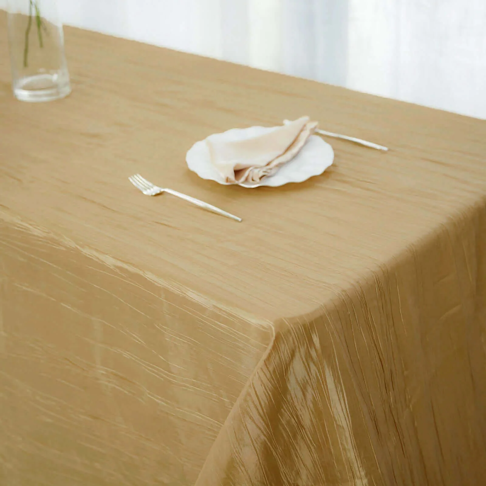 Taffeta Rectangle Tablecloth 90"x156" Gold with Accordion Crinkle Design - Seamless Finish for Upscale Occasions - Image 7
