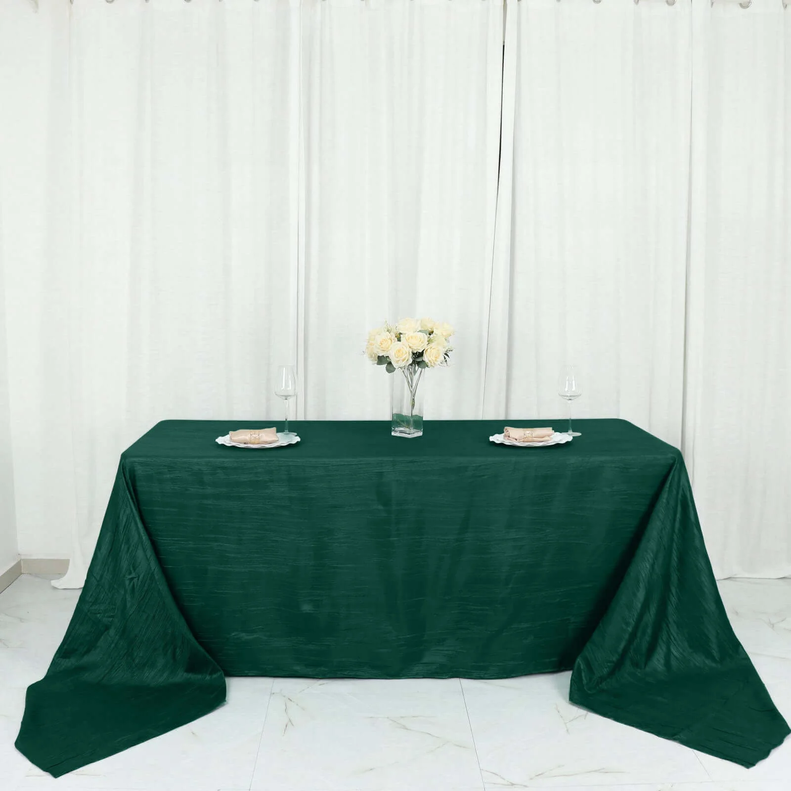 Taffeta Rectangle Tablecloth 90"x156" Hunter Emerald Green with Accordion Crinkle Design - Seamless Finish - Image 7