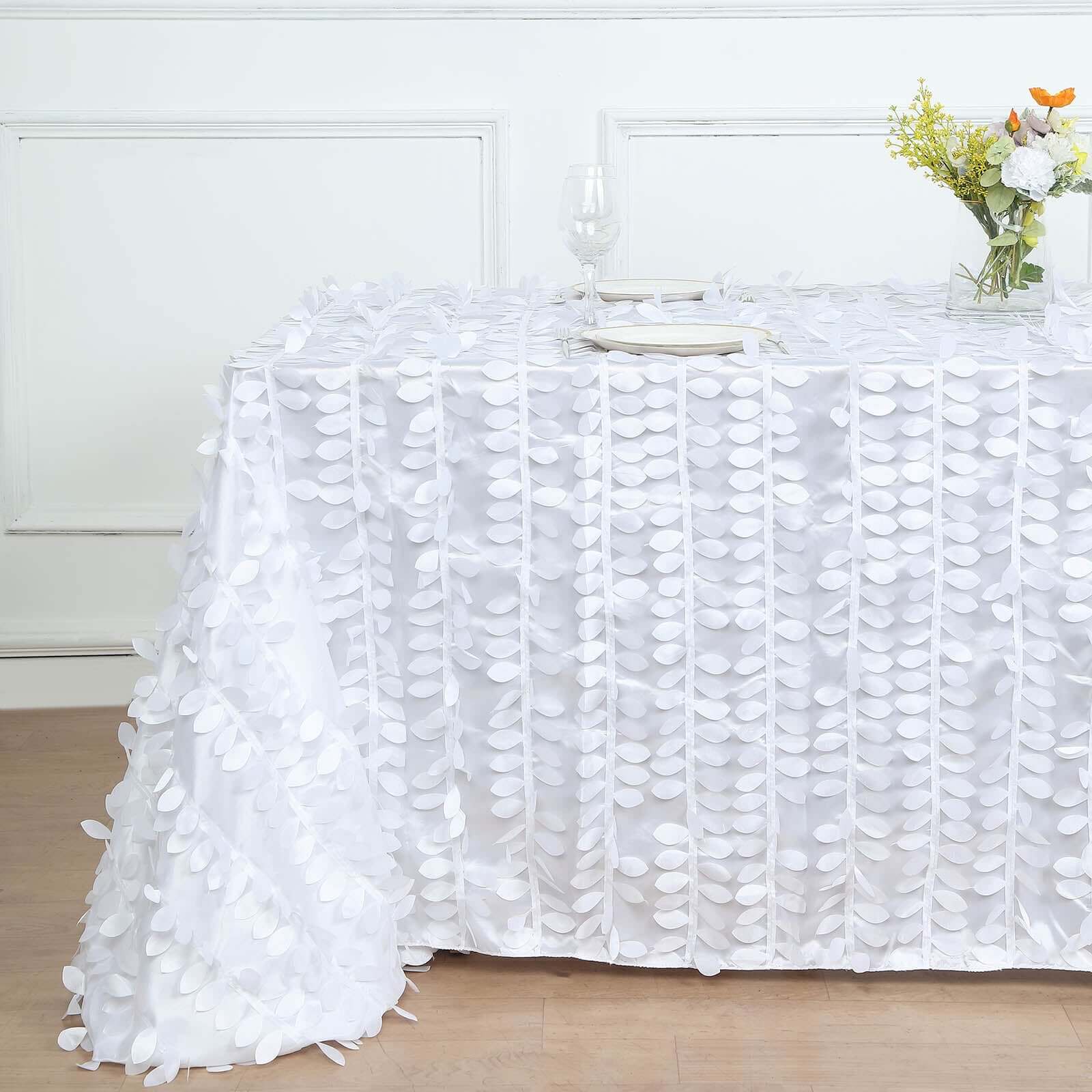 Taffeta Rectangle Tablecloth 90"x156" White - 3D Leaf Petal Seamless Table Cover for Upscale Table Settings - Image 2