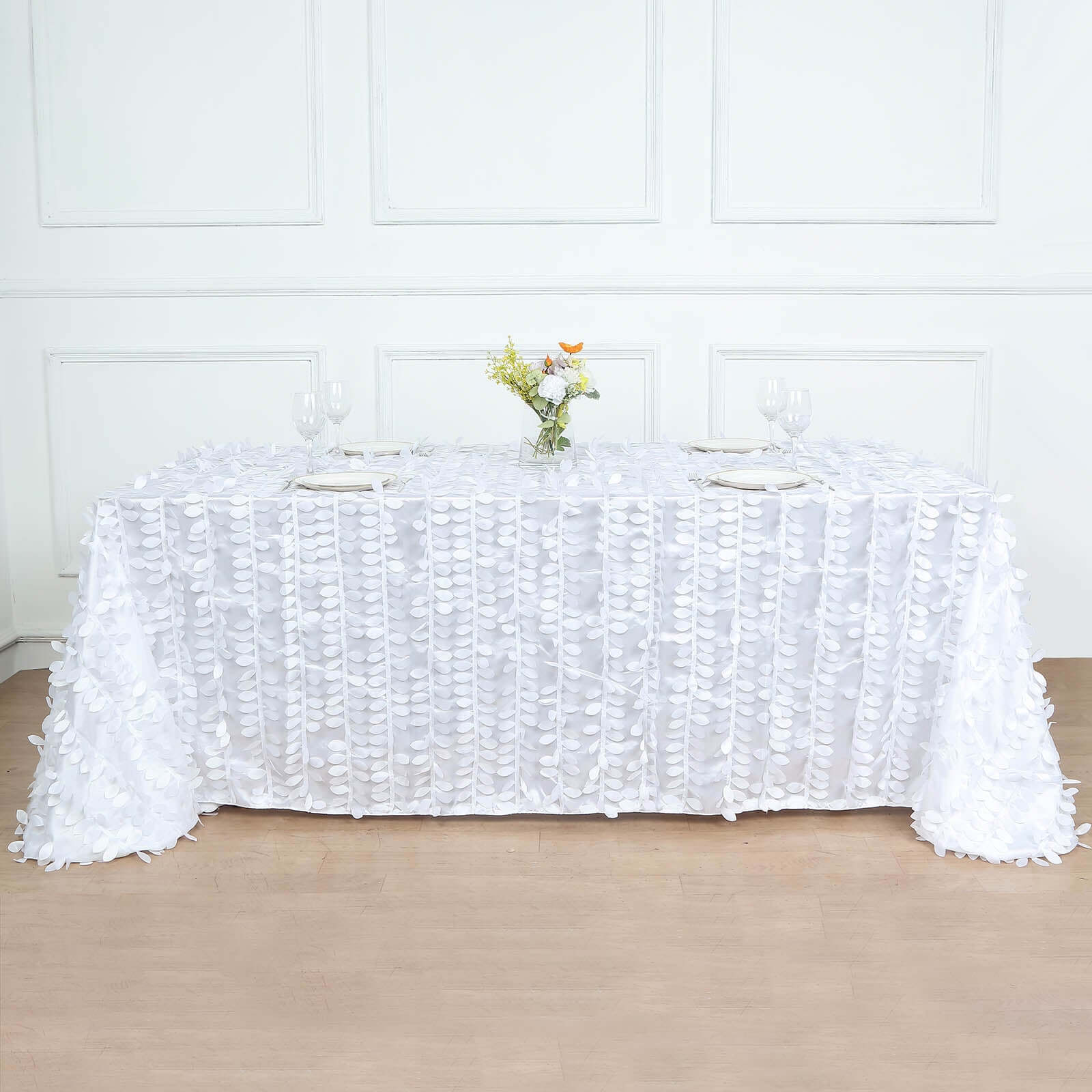 Taffeta Rectangle Tablecloth 90"x156" White - 3D Leaf Petal Seamless Table Cover for Upscale Table Settings - Image 6
