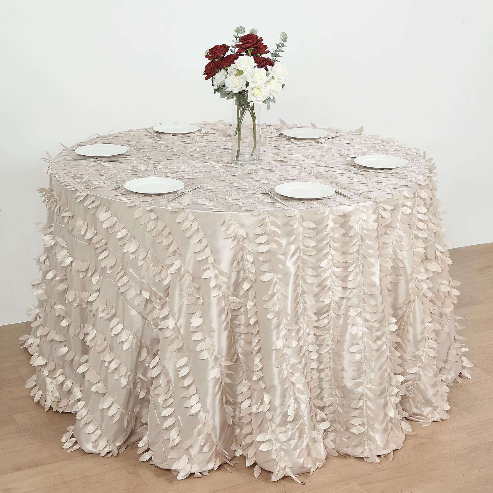 Taffeta Round Tablecloth 120" Beige - 3D Leaf Petal Seamless Table Cover - Image 6