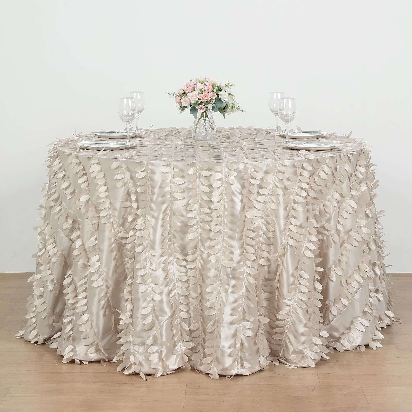 Taffeta Round Tablecloth 120" Beige - 3D Leaf Petal Seamless Table Cover - Image 8