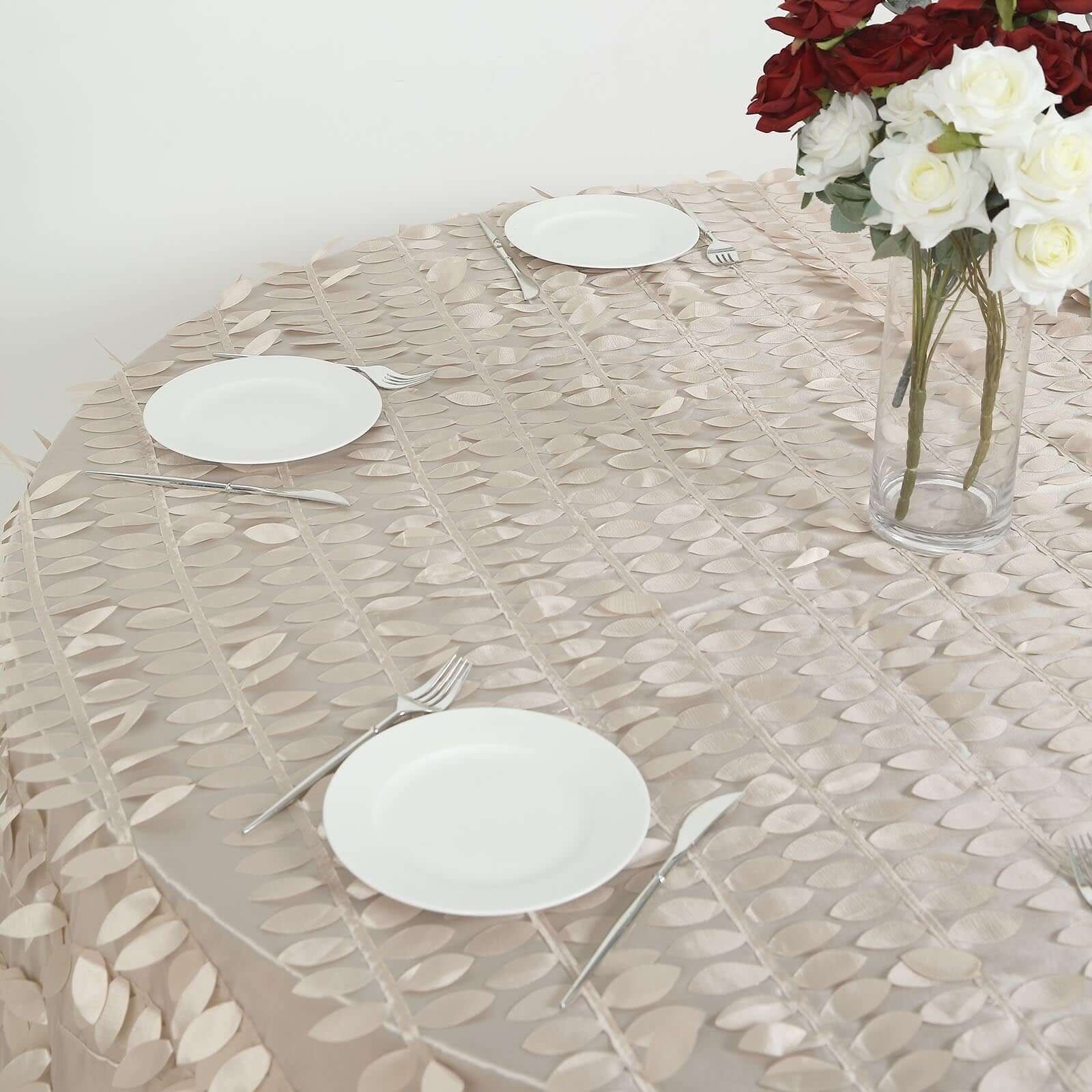 Taffeta Round Tablecloth 120" Beige - 3D Leaf Petal Seamless Table Cover - Image 9