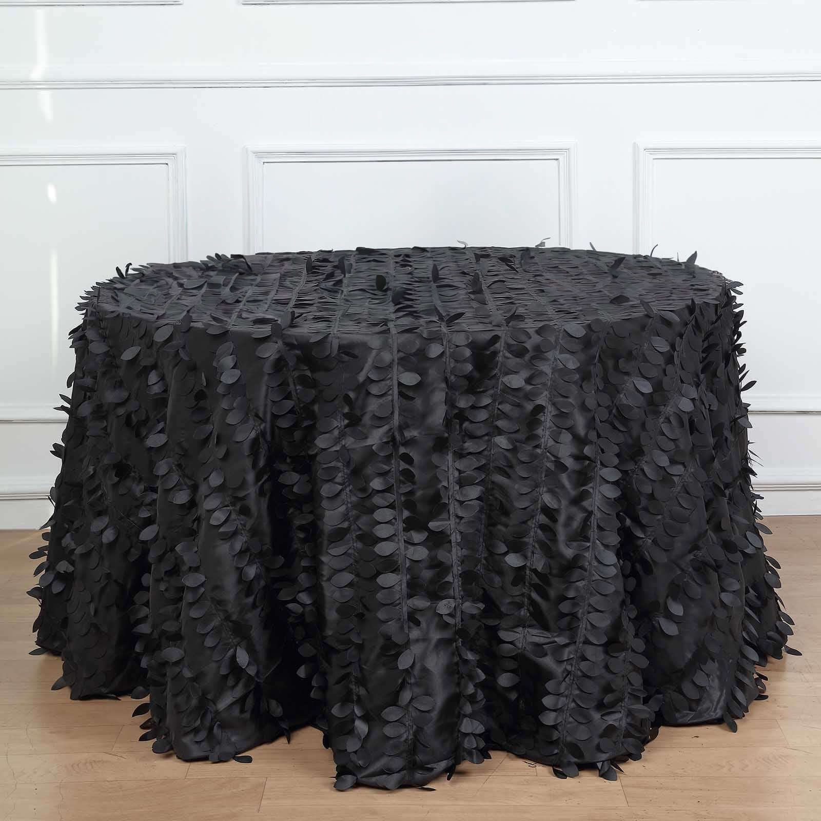 Taffeta Round Tablecloth 120" Black - 3D Leaf Petal Design Seamless Table Cover for Upscale Gatherings