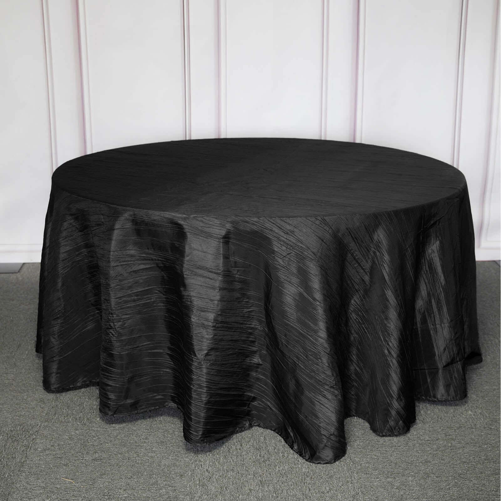 Taffeta Round Tablecloth 120" Black with Accordion Crinkle Design - Seamless Finish for Weddings and Banquets - Image 3