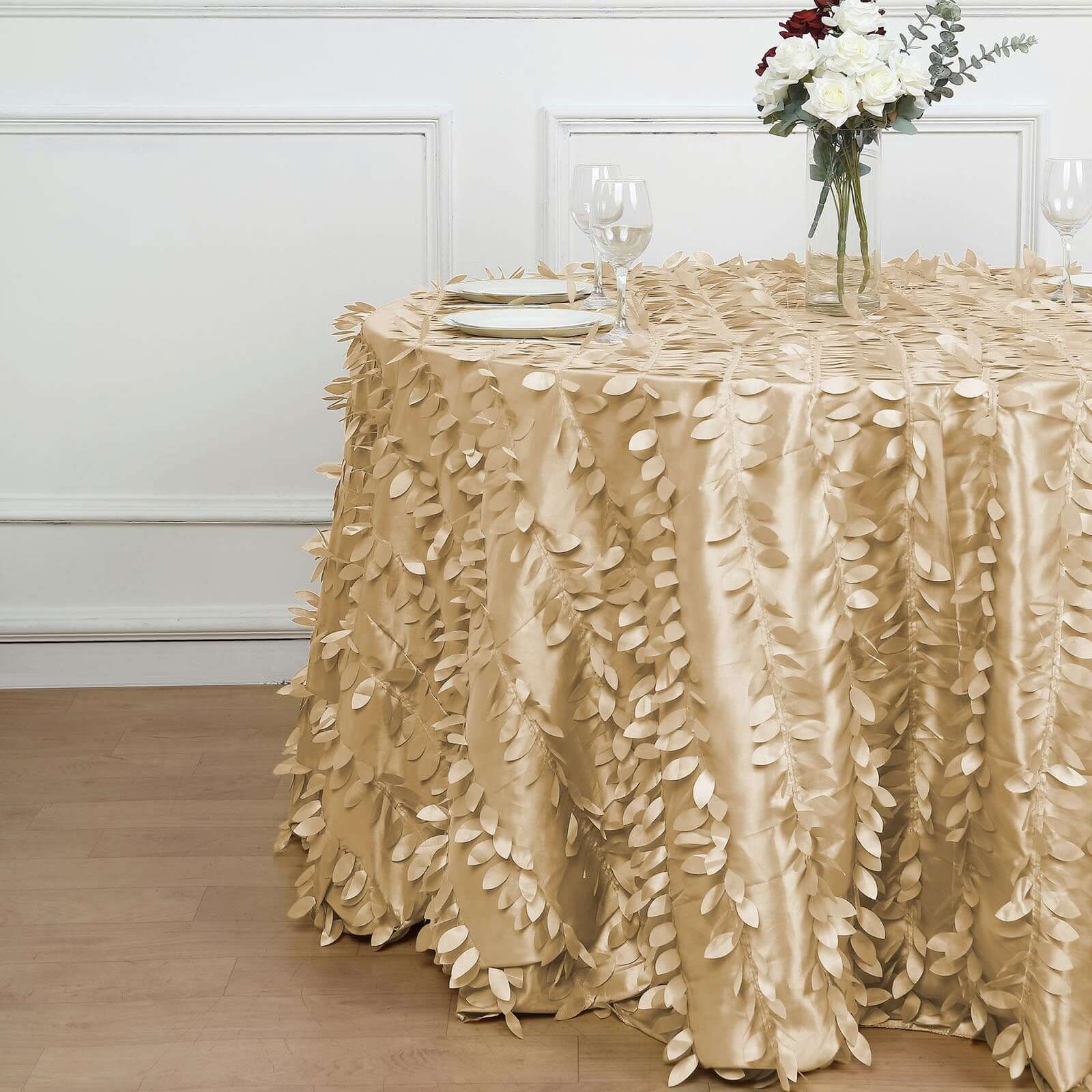 Taffeta Round Tablecloth 120" Champagne - 3D Leaf Petal Seamless Table Cover - Image 2
