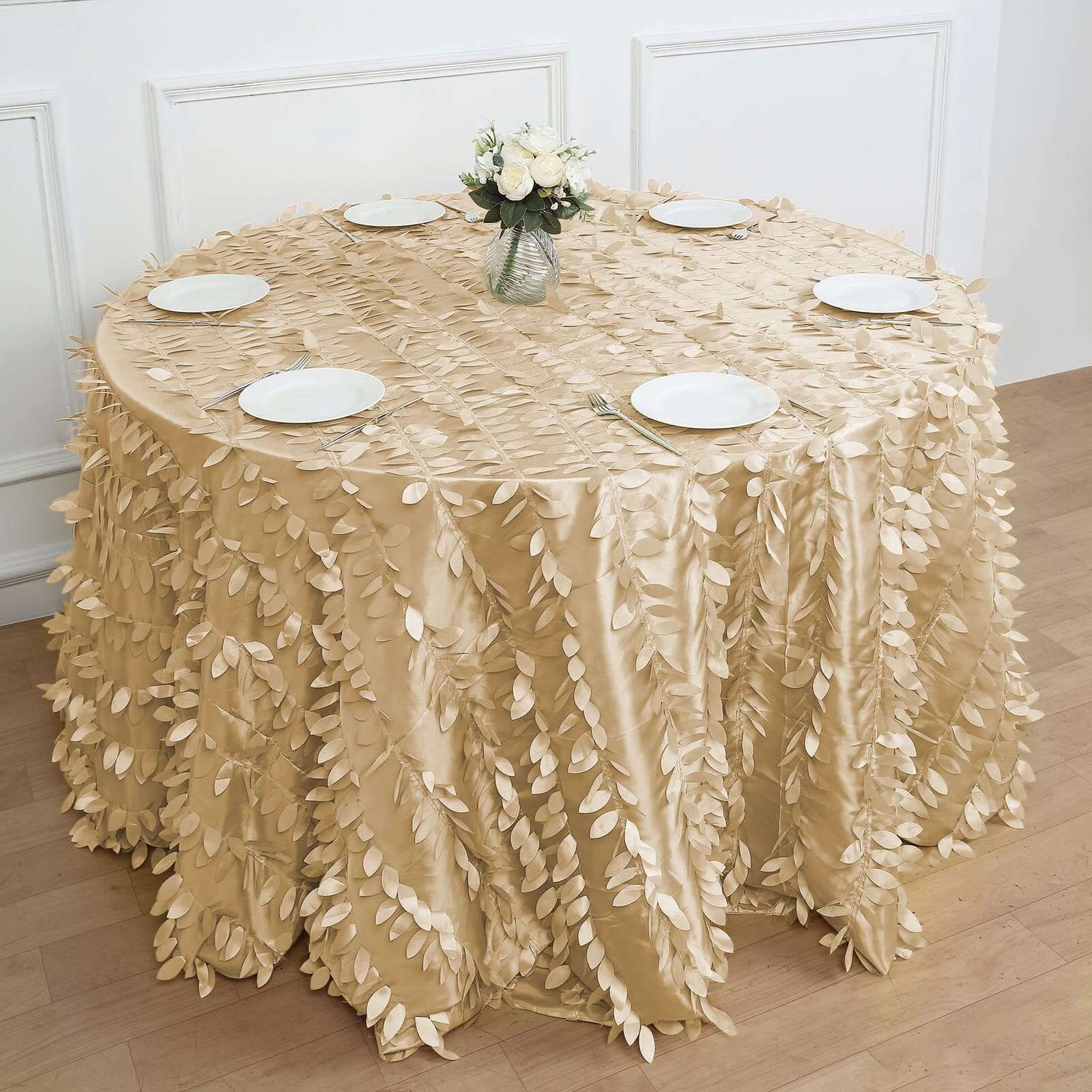 Taffeta Round Tablecloth 120" Champagne - 3D Leaf Petal Seamless Table Cover - Image 3