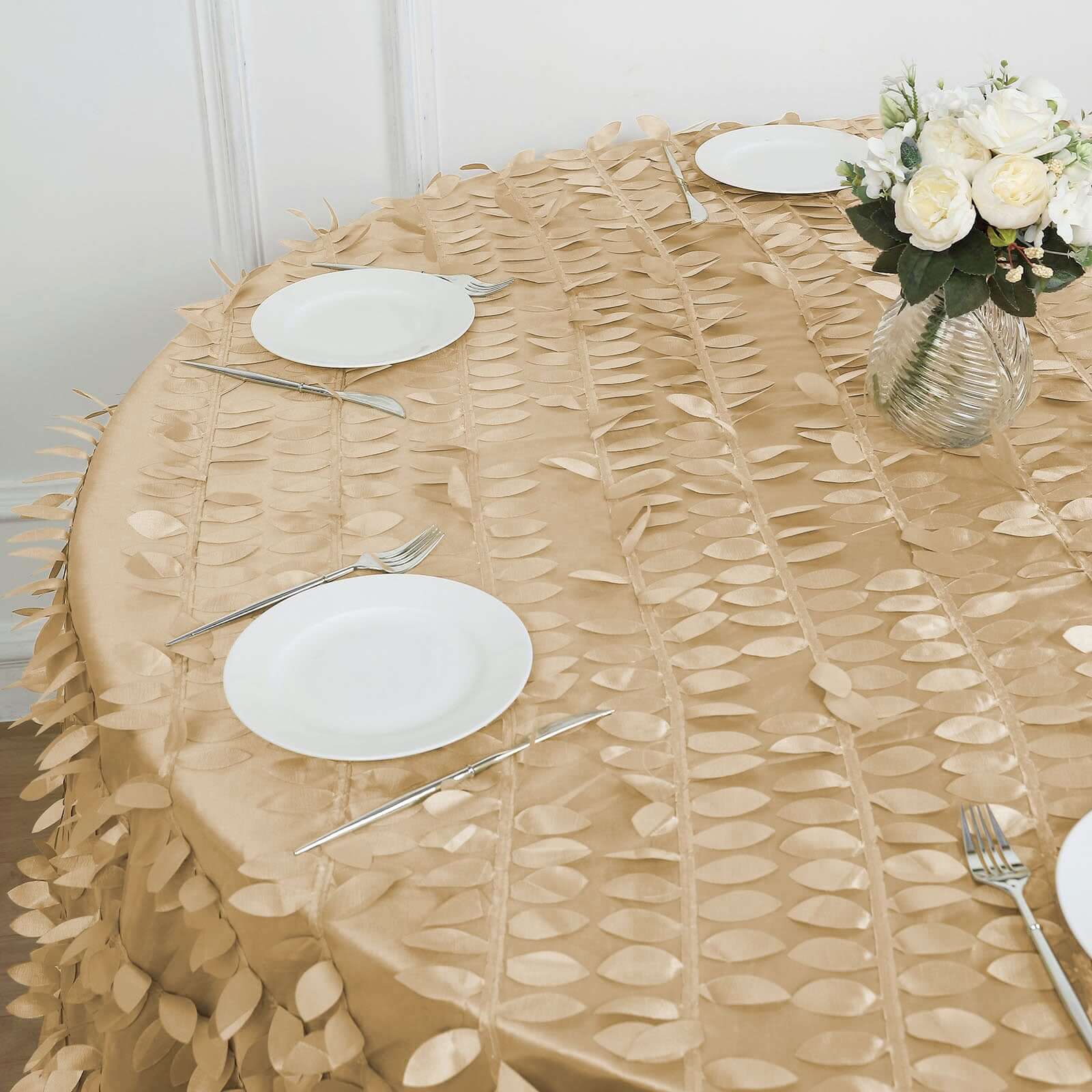 Taffeta Round Tablecloth 120" Champagne - 3D Leaf Petal Seamless Table Cover - Image 6
