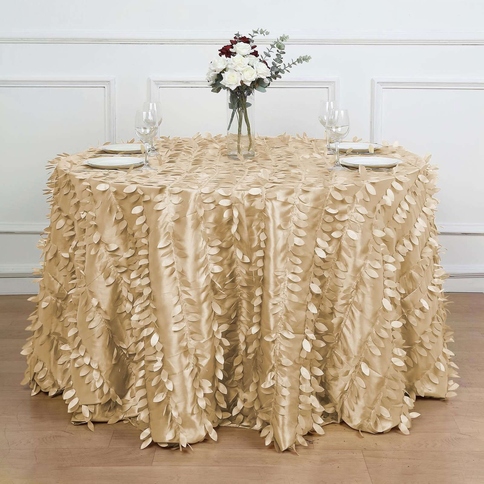 Taffeta Round Tablecloth 120" Champagne - 3D Leaf Petal Seamless Table Cover - Image 8
