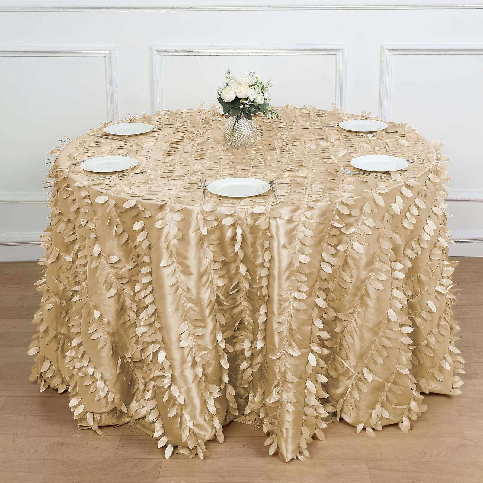 Taffeta Round Tablecloth 120" Champagne - 3D Leaf Petal Seamless Table Cover - Image 9