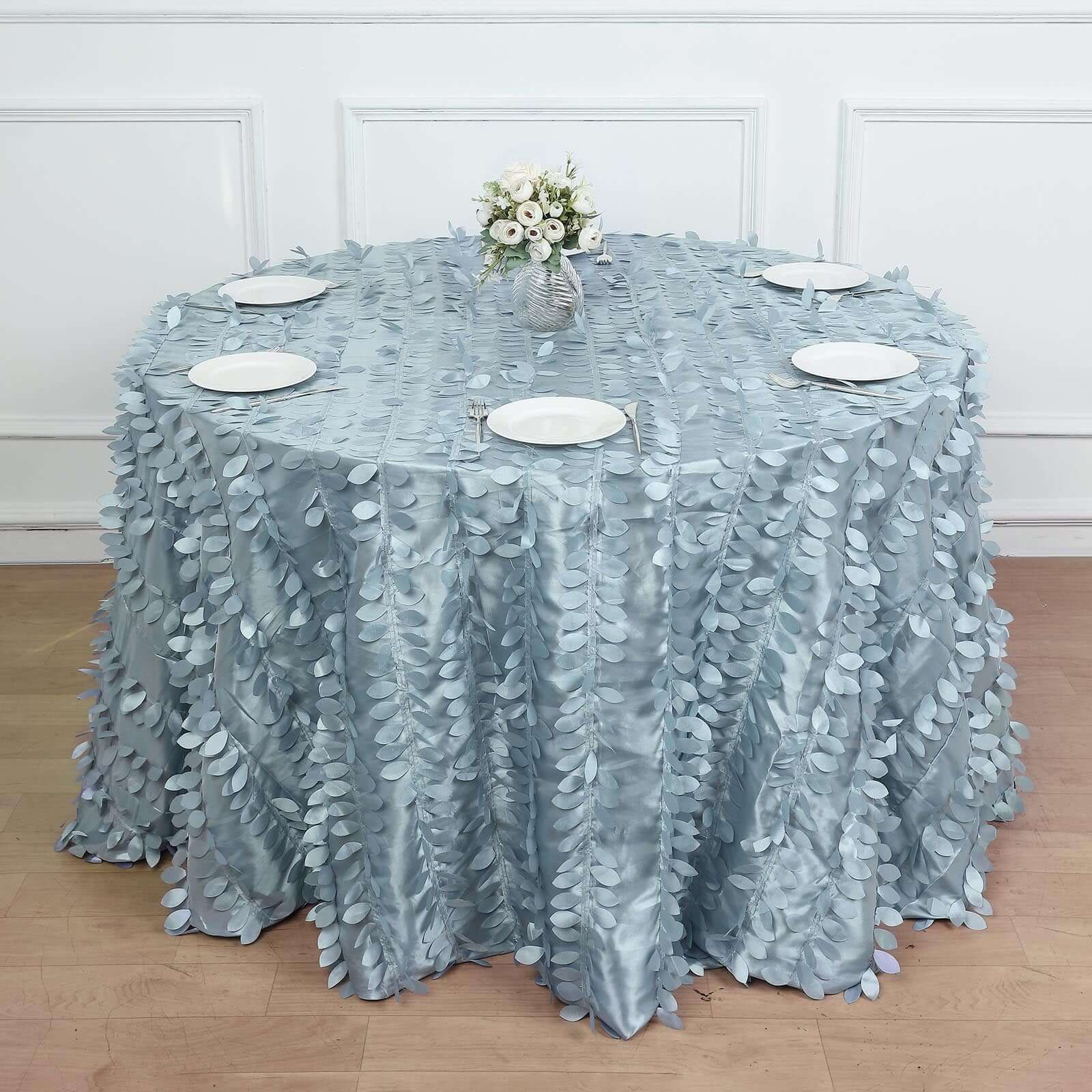 Taffeta Round Tablecloth 120" Dusty Blue - 3D Leaf Petal Seamless Table Cover - Image 3
