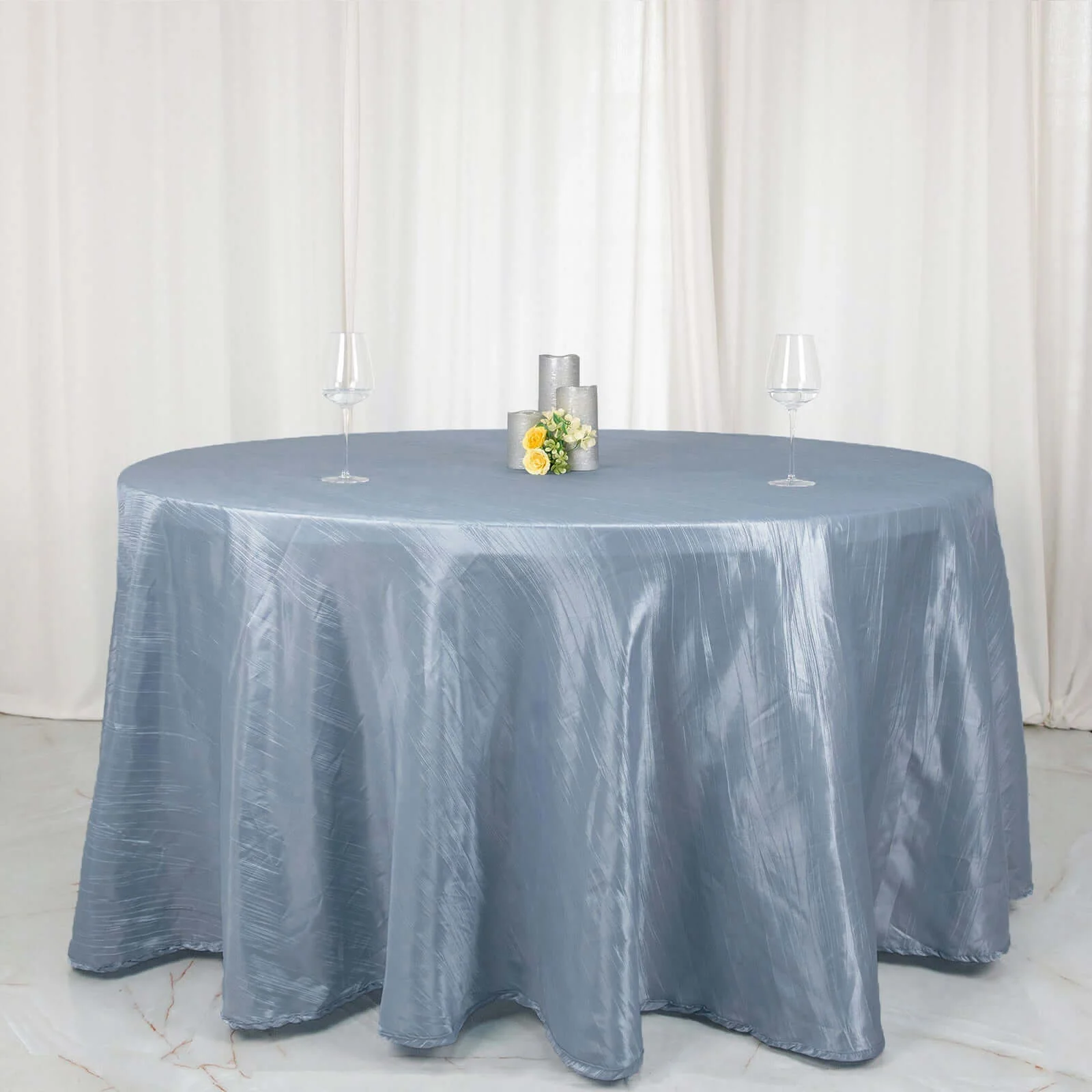 Taffeta Round Tablecloth 120" Dusty Blue with Accordion Crinkle Design - Seamless Finish - Image 3