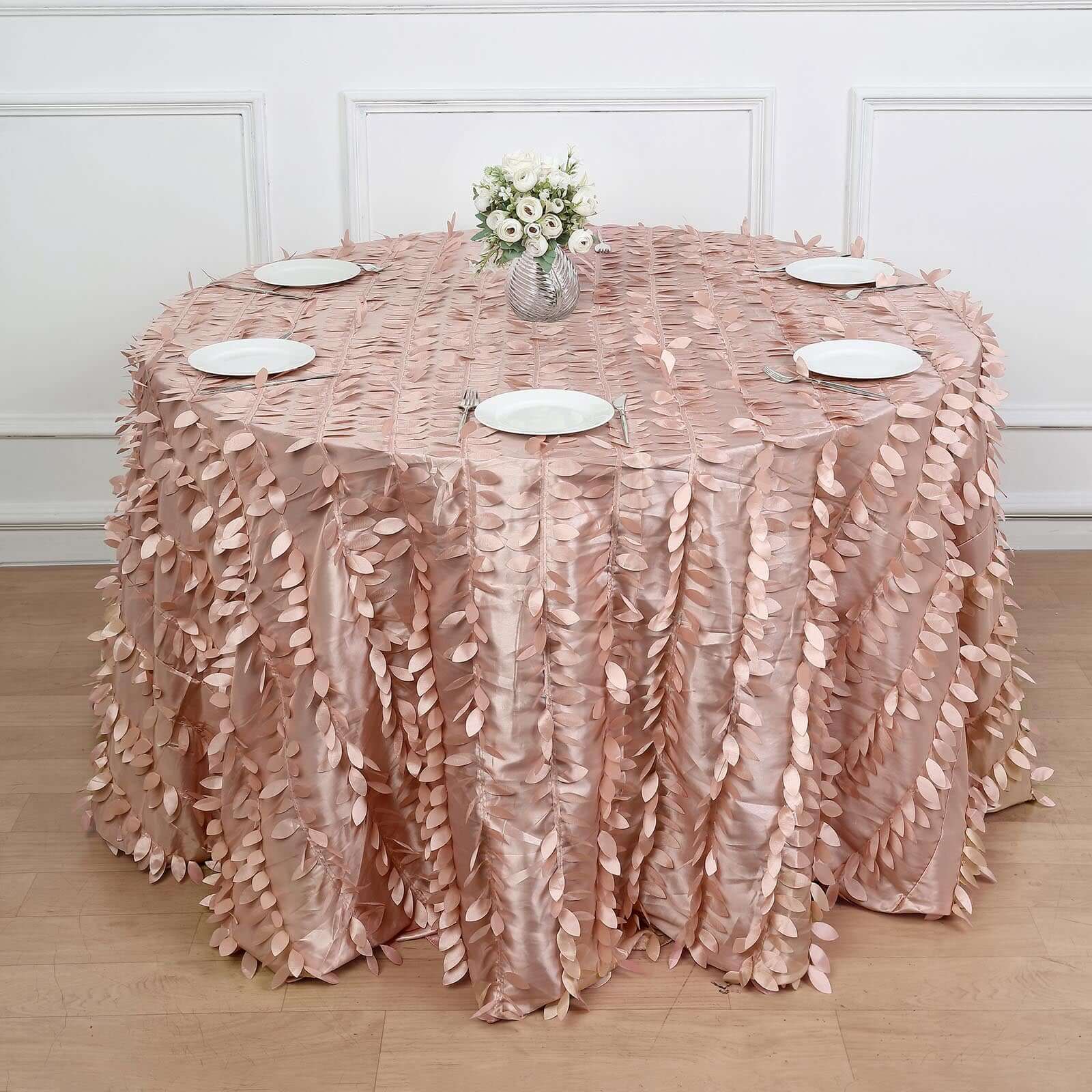 Taffeta Round Tablecloth 120" Dusty Rose - 3D Leaf Petal Seamless Table Cover - Image 3