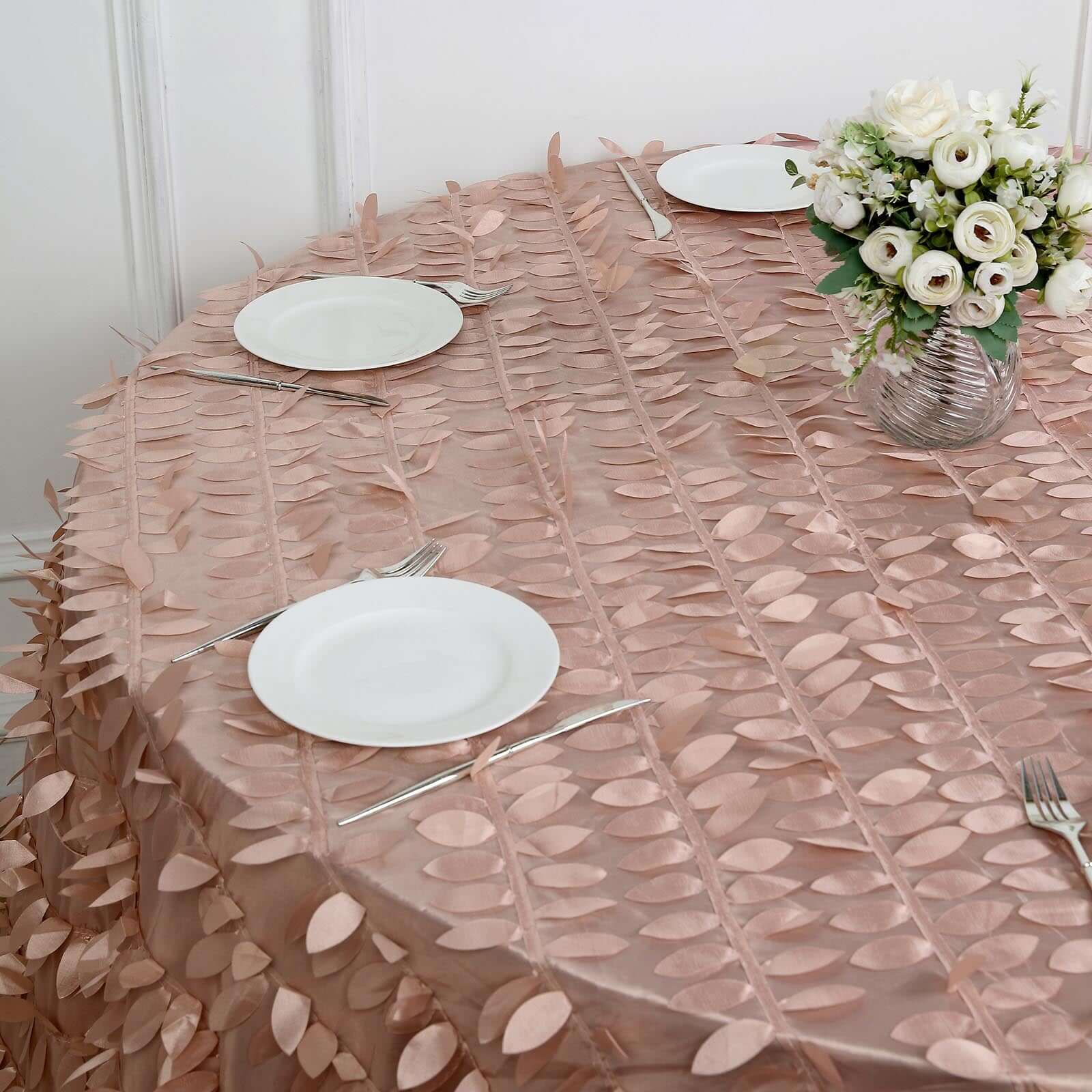 Taffeta Round Tablecloth 120" Dusty Rose - 3D Leaf Petal Seamless Table Cover - Image 9