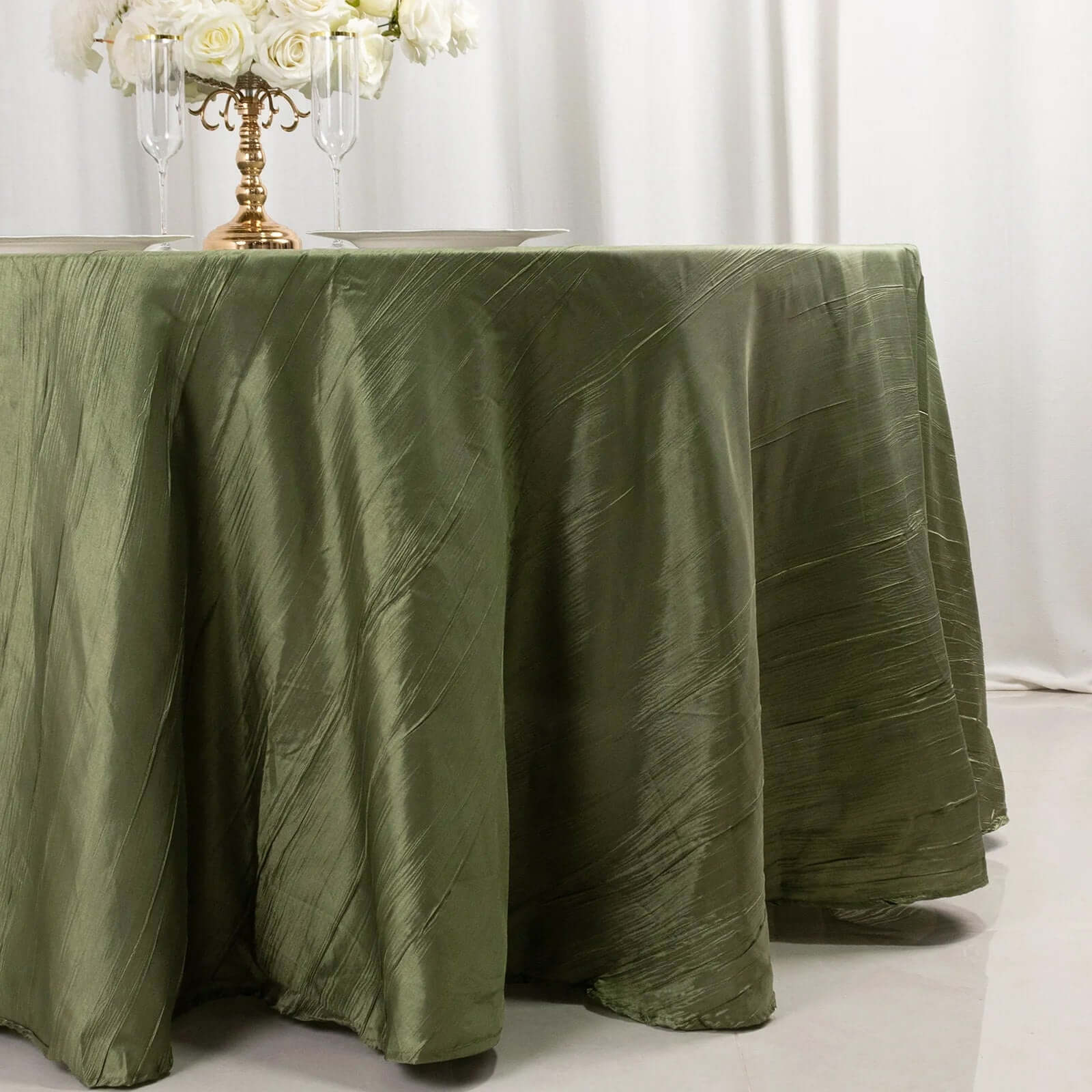Taffeta Round Tablecloth 120" Dusty Sage Green with Accordion Crinkle Design - Seamless Finish - Image 2