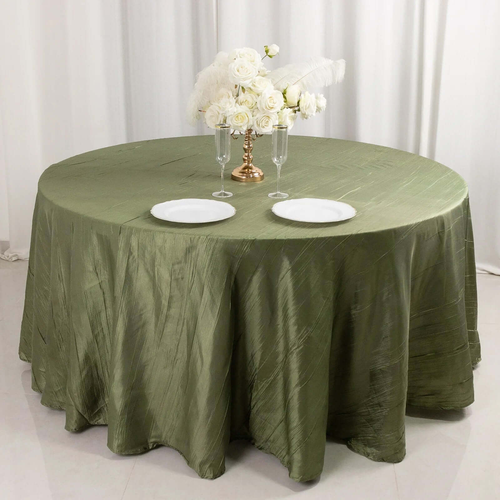 Taffeta Round Tablecloth 120" Dusty Sage Green with Accordion Crinkle Design - Seamless Finish - Image 7