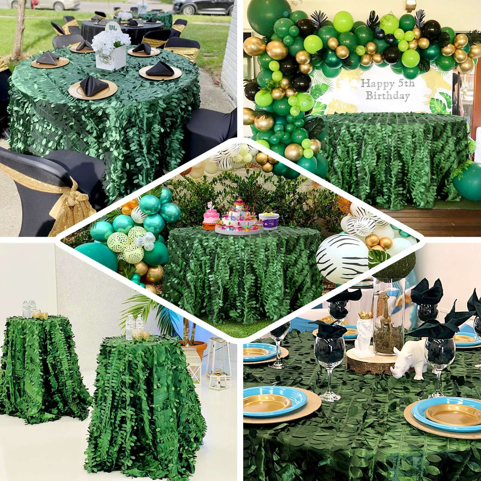 Taffeta Round Tablecloth 120" Green - 3D Leaf Petal Seamless Table Cover - Image 5