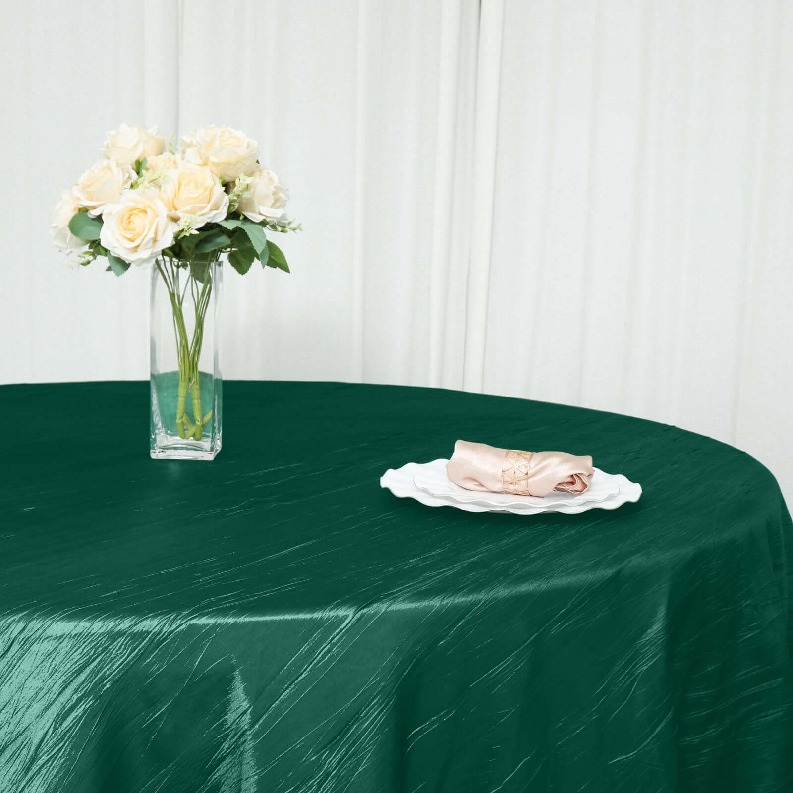 Taffeta Round Tablecloth 120" Hunter Emerald Green with Accordion Crinkle Design - Seamless Finish - Image 17