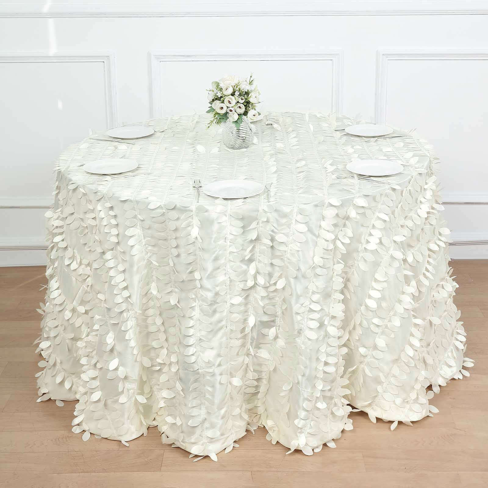 Taffeta Round Tablecloth 120" Ivory - 3D Leaf Petal Seamless Table Cover - Image 3