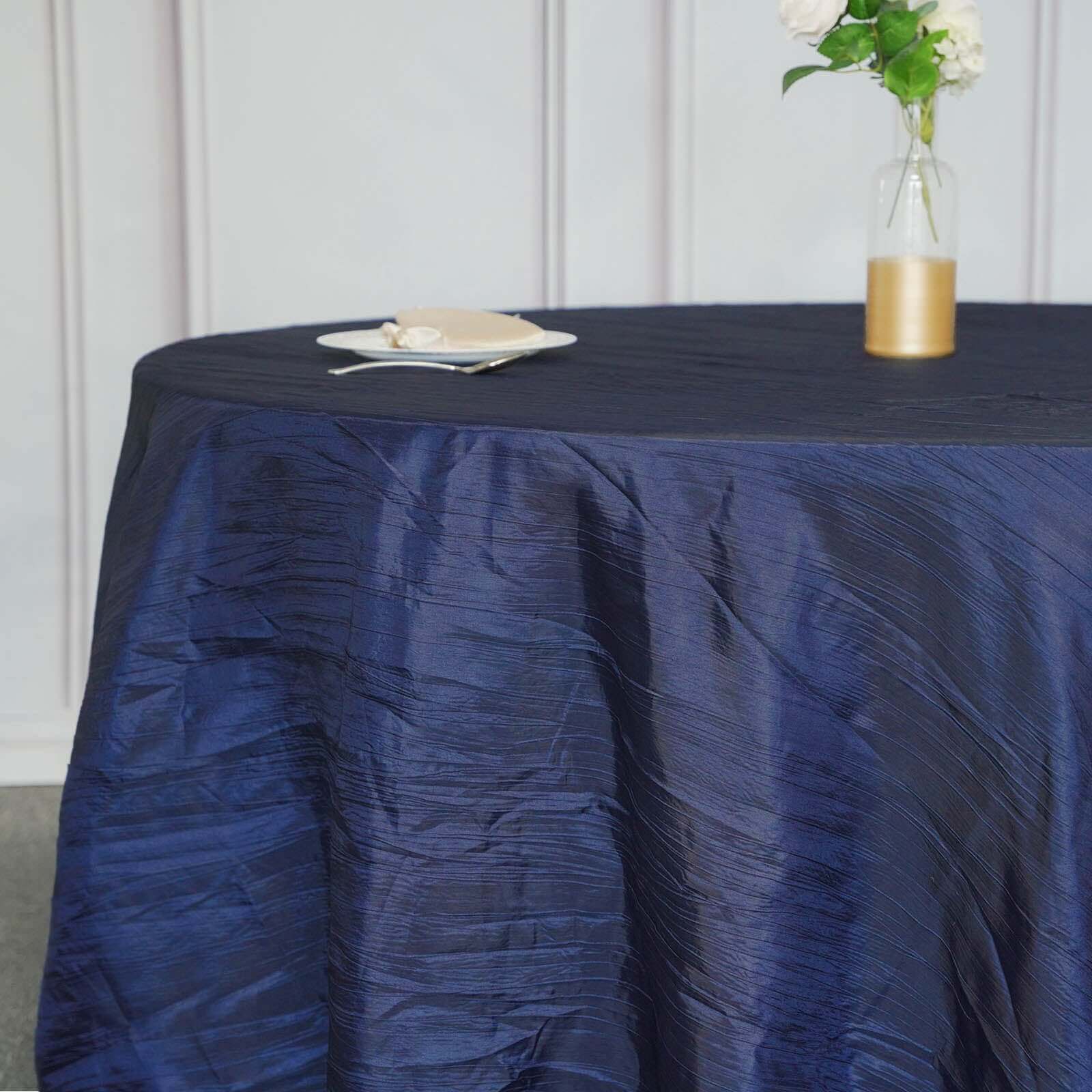 Taffeta Round Tablecloth 120" Navy Blue with Accordion Crinkle Design - Seamless Finish - Image 2