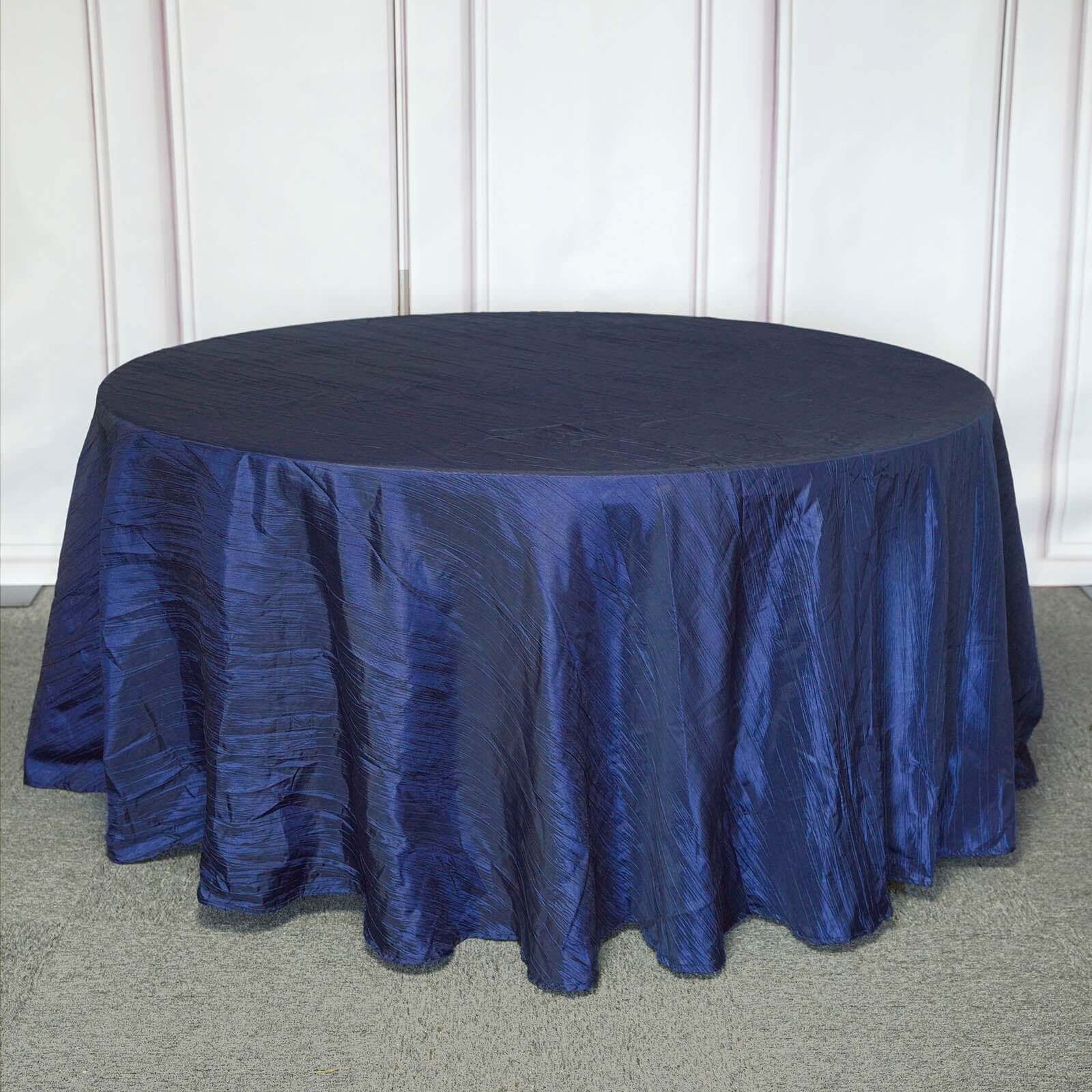 Taffeta Round Tablecloth 120" Navy Blue with Accordion Crinkle Design - Seamless Finish - Image 3