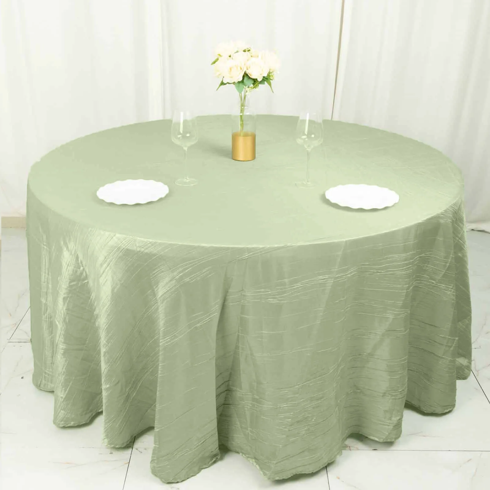 Taffeta Round Tablecloth 120" Sage Green with Accordion Crinkle Design - Seamless Finish - Image 3