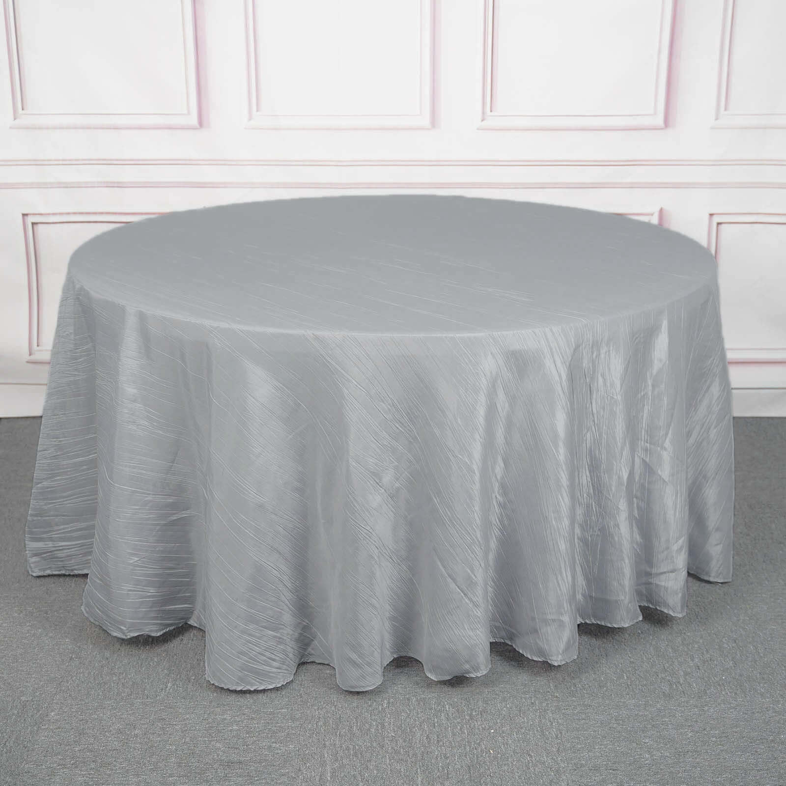 Taffeta Round Tablecloth 120" Silver with Accordion Crinkle Design - Seamless Finish - Image 3